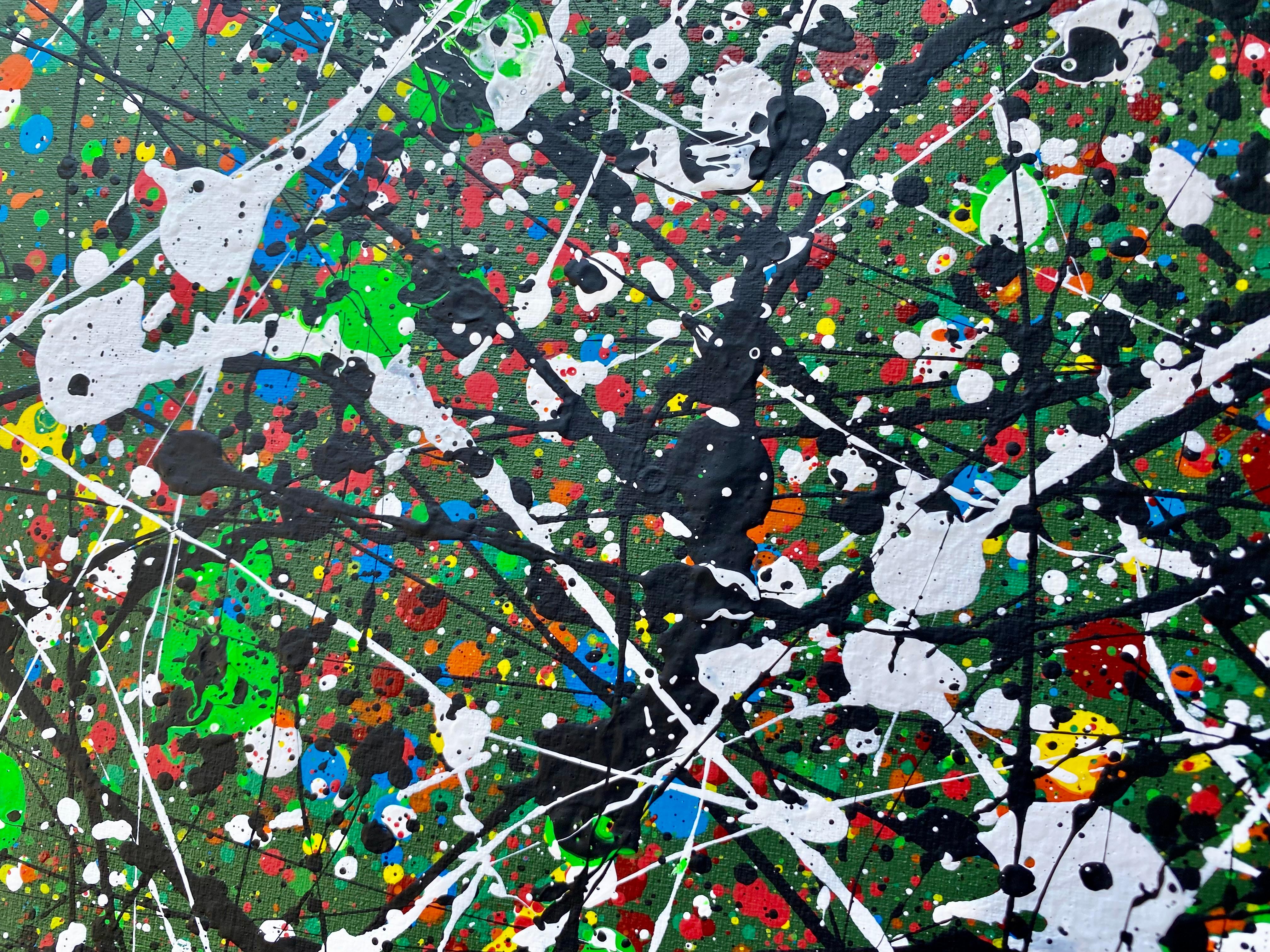 Abstract painting in the main color deep green with elements in white, black, yellow, orange and red.
This abstract painting is lively and expressive.
Abstract minimalism paired with expressionism.

This painting depicted field, water, river,
