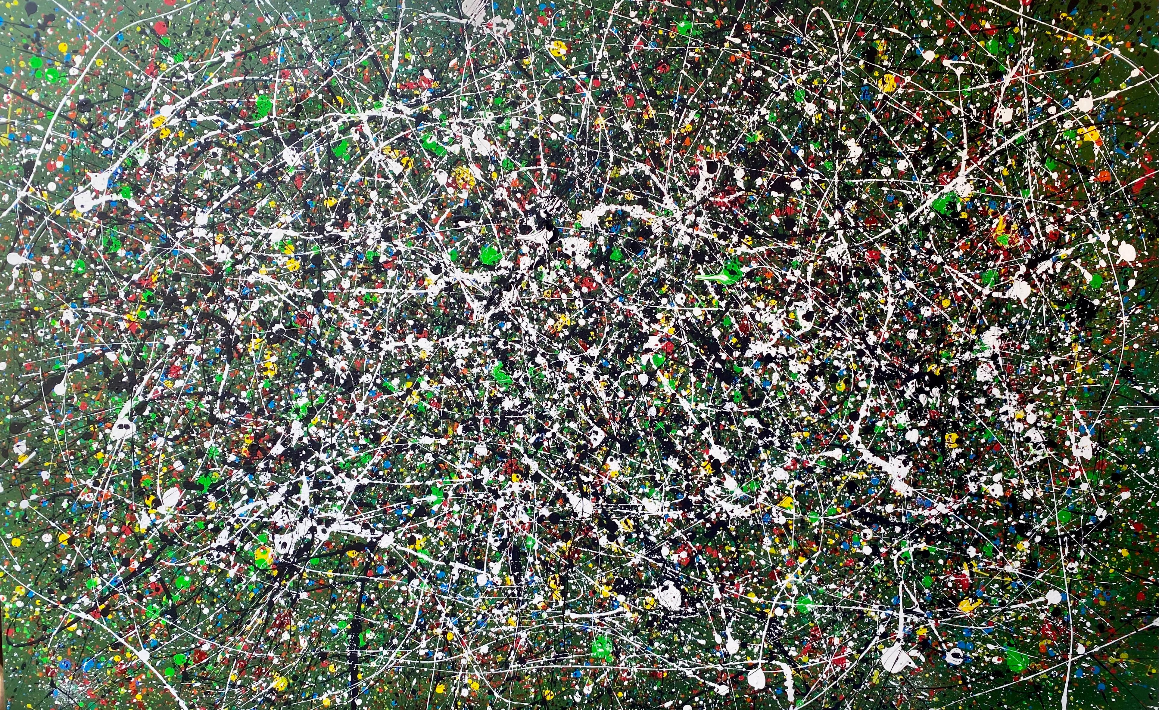 Nataliia Krykun Abstract Painting - Series "Infinite Flight" green, black, white, yellow large abstraction, drops