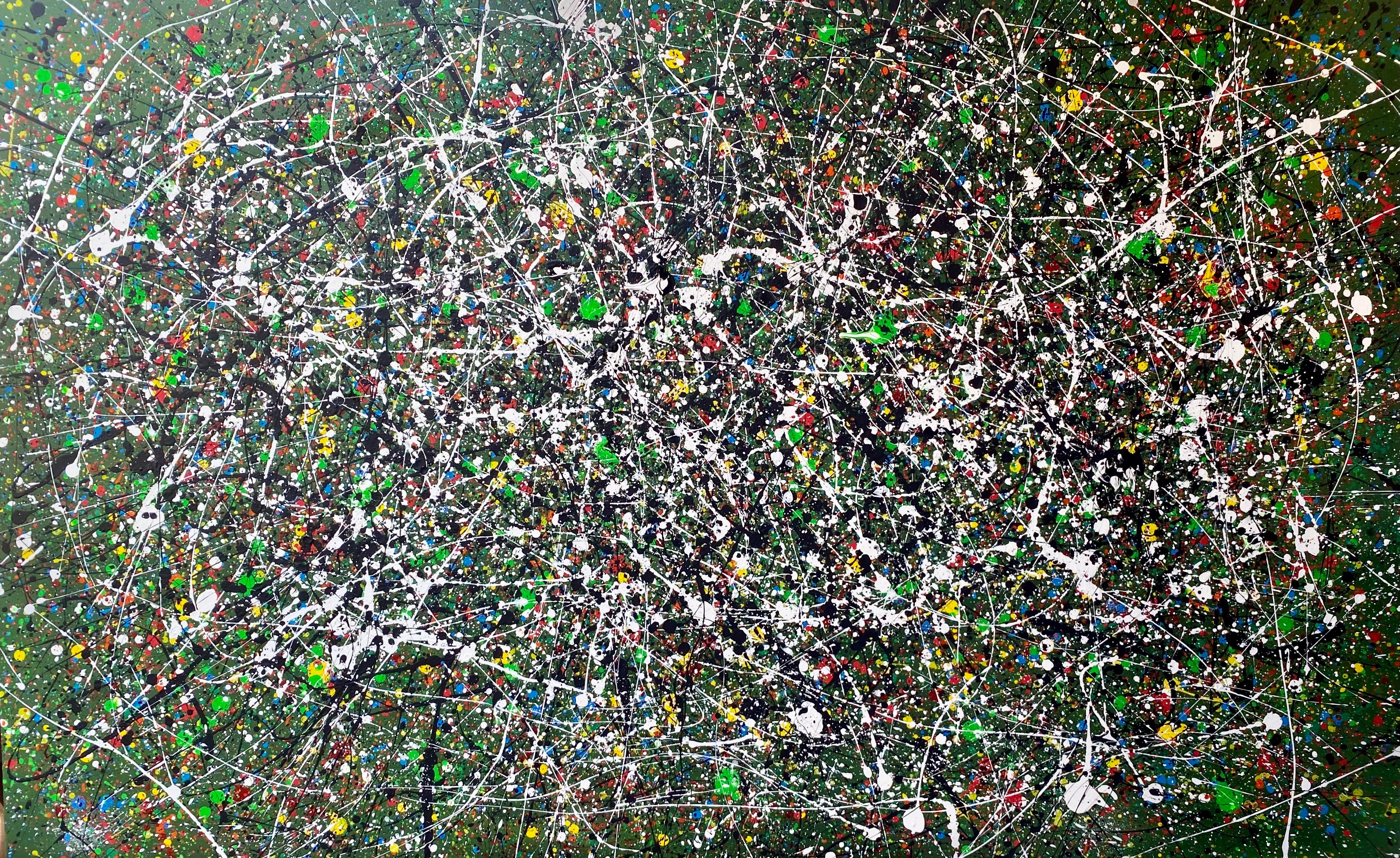 Abstract Painting di Nataliia Krykun - Serie "Volo infinito" verde, nero, bianco, giallo grande astrazione, gocce
