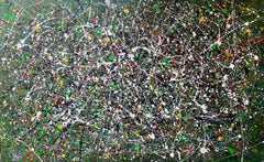 Serie "Vuelo infinito" verde, negro, blanco, amarillo gran abstracción, gotas