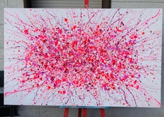 Serie "Vuelo infinito" rosa, Barbie, blanco, colorido gran abstracción, gotas