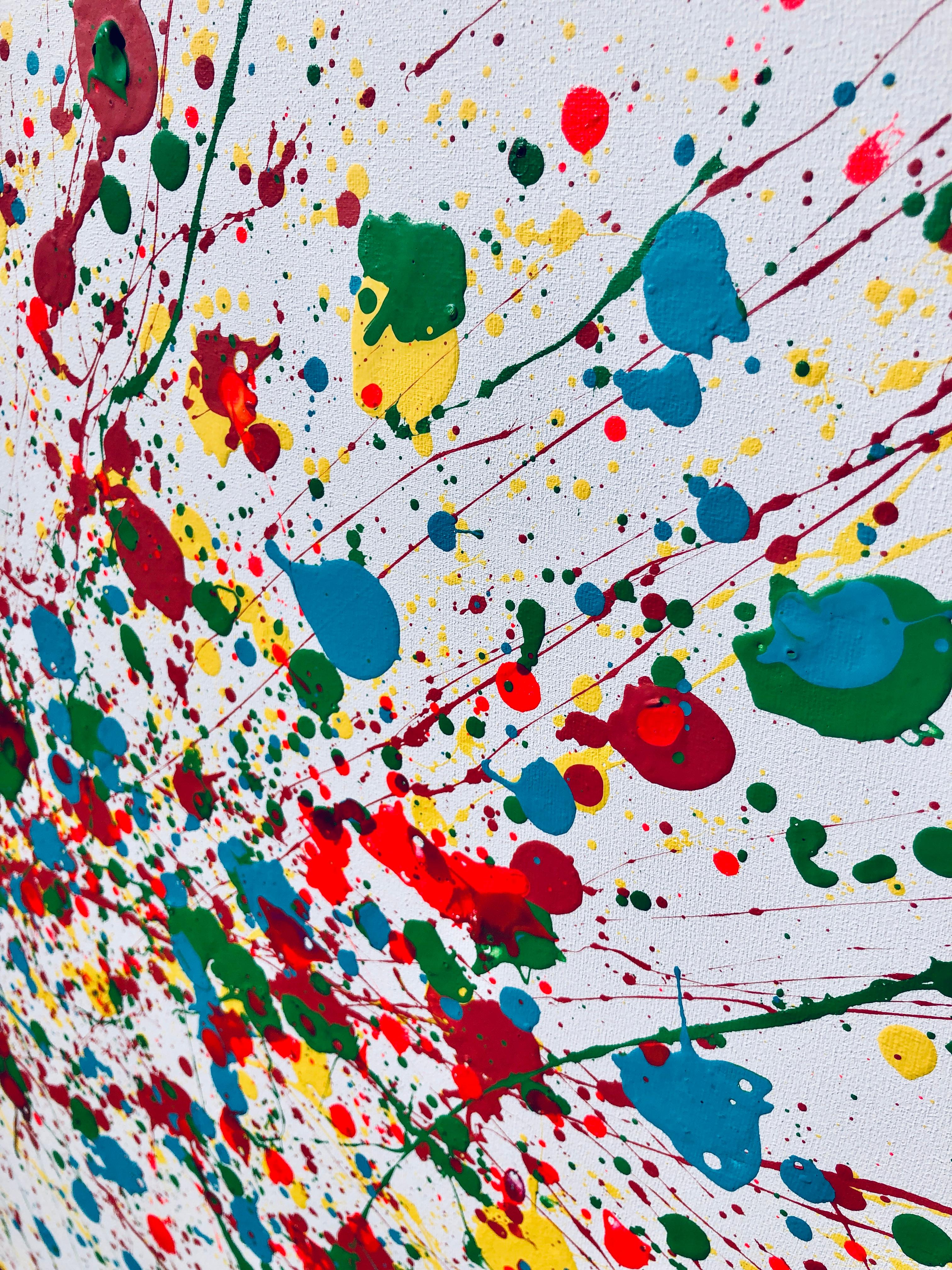 Quadro astratto con colore principale bianco ed elementi in giallo, rosa, blu, verde e rosso.
Questo quadro astratto è vivace ed espressivo.
Il minimalismo astratto abbinato