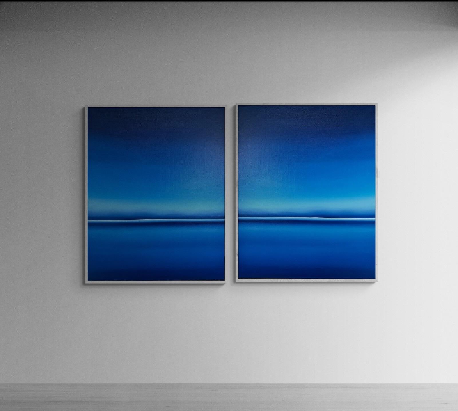 Nataliia Krykun Landscape Painting - Night Lake in Ukraine, Blue Abstract 100x80 cm, minimalism seascape sky