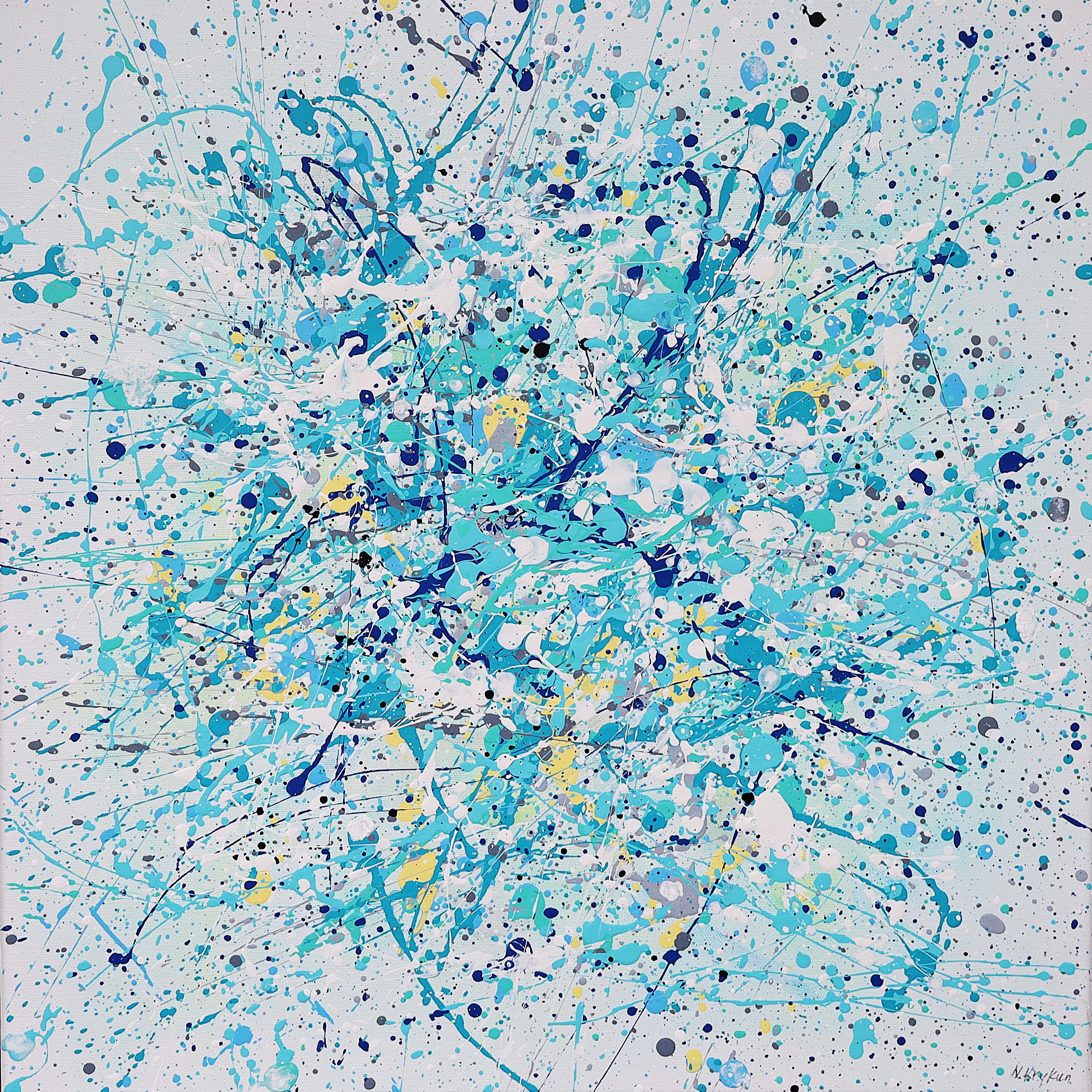 Abstract Painting di Nataliia Krykun - Serie "Oceano di luce #2" giallo, blu, bianco, colorato  Lo stile di Pollock
