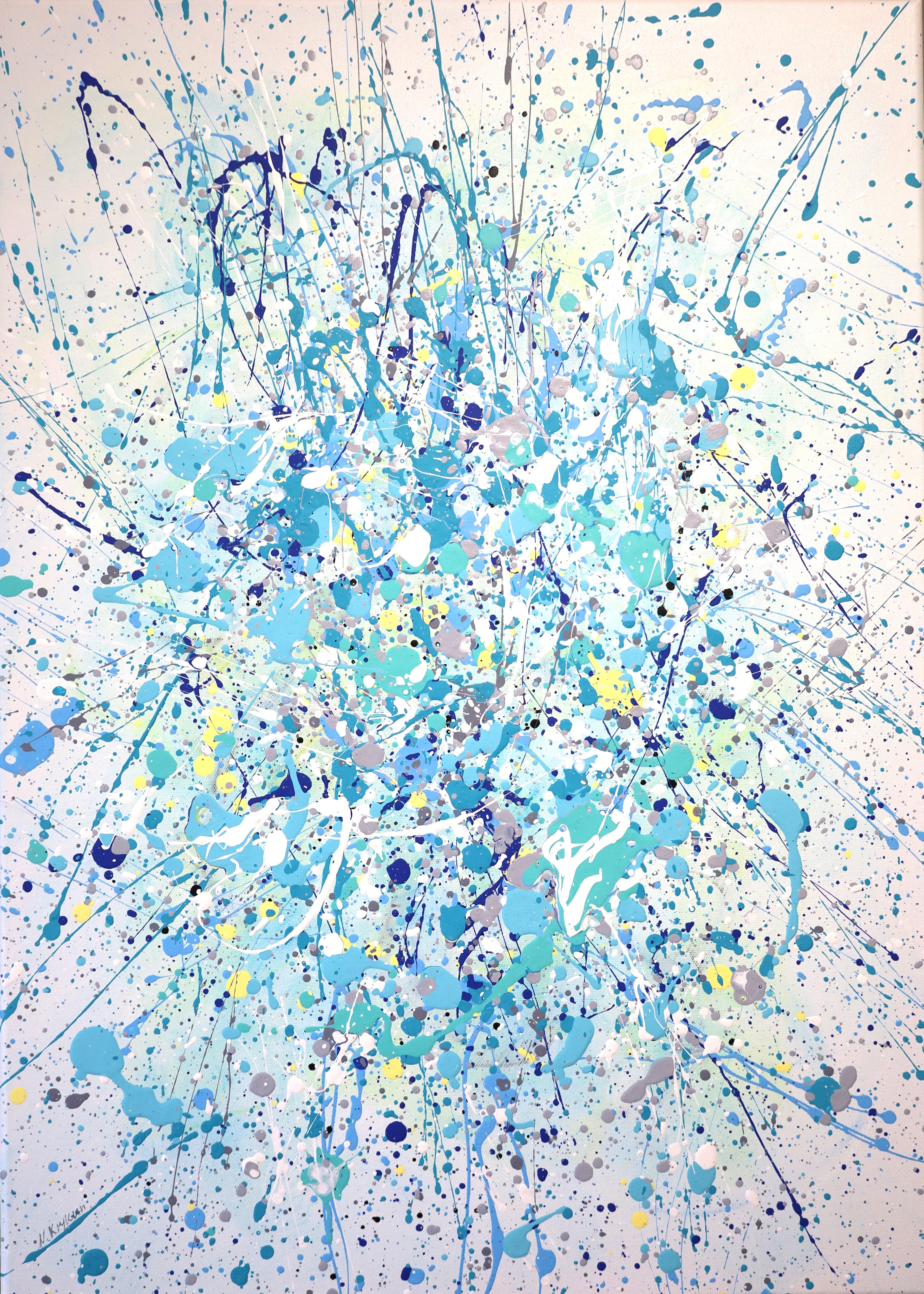 Interior Painting di Nataliia Krykun - Serie "Oceano di luce #7" giallo, blu, bianco, colorato  Lo stile di Pollock