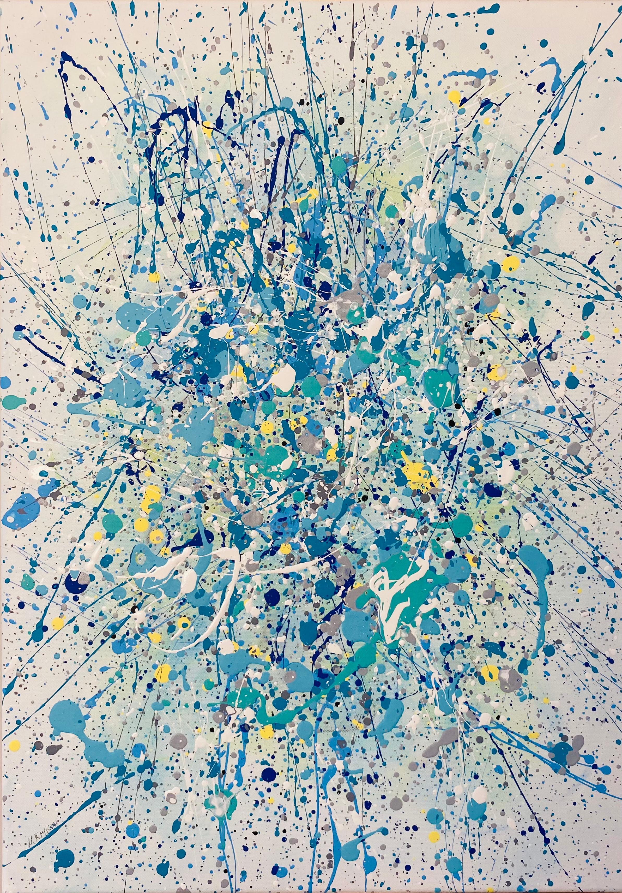 Nataliia Krykun Abstract Painting - Series "Ocean of Light" yellow, blue, white, colourful  Pollock’s style