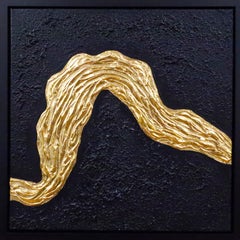 Series "Ocean Waves - 10" gold leaf, black abstraction 3D, textured, minimalism
