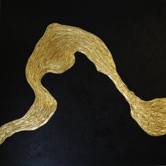 Series "Ocean Waves - 4" gold leaf black abstraction in 3D, textured, minimalism