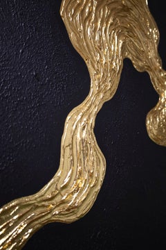 Series "Ocean Waves - 8" gold leaf black abstraction in 3D, textured, minimalism