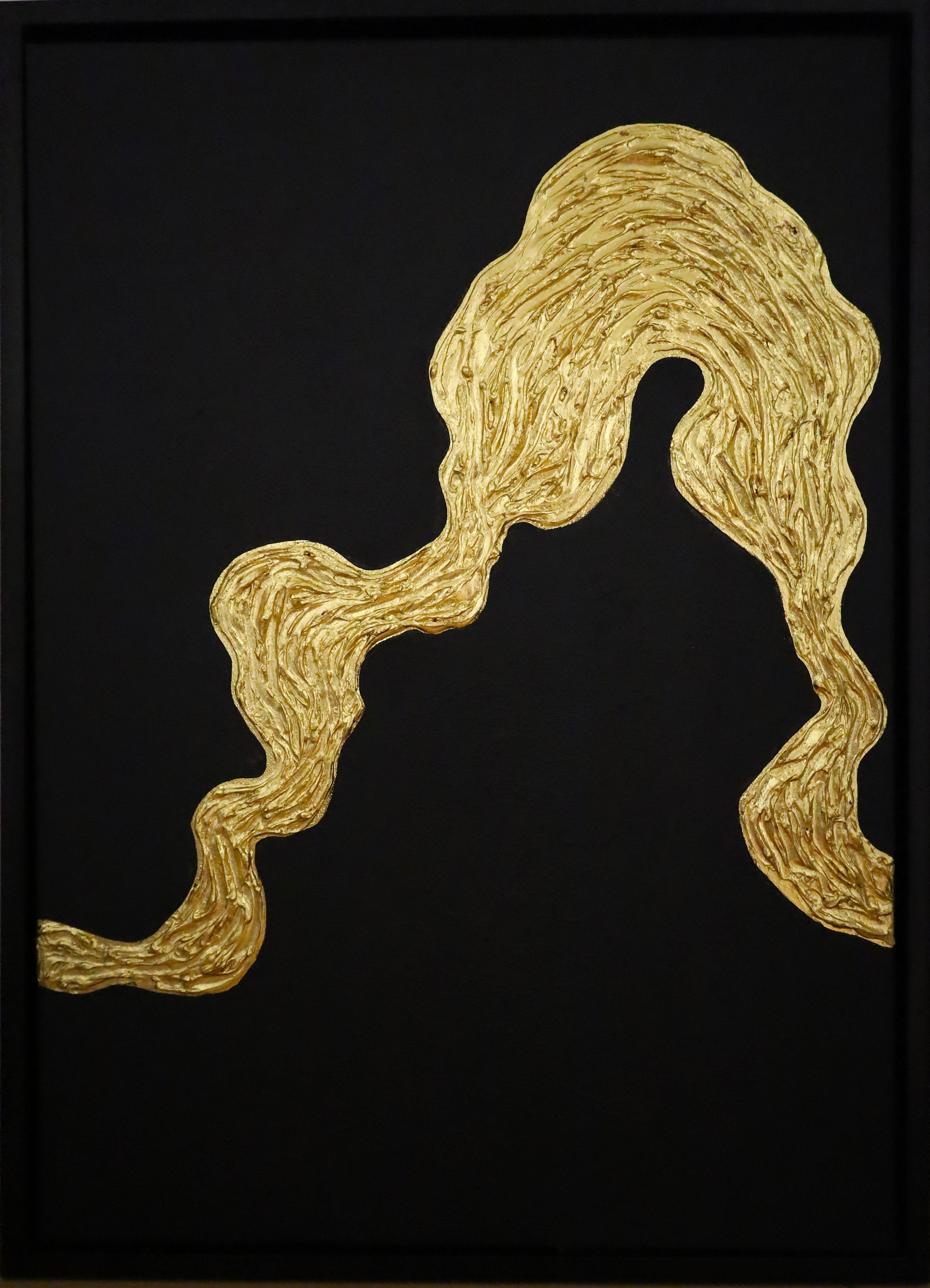 Serie "Ocean Waves - 5" Blattgold schwarz Abstraktion in 3D, strukturiert, Minimalismus
