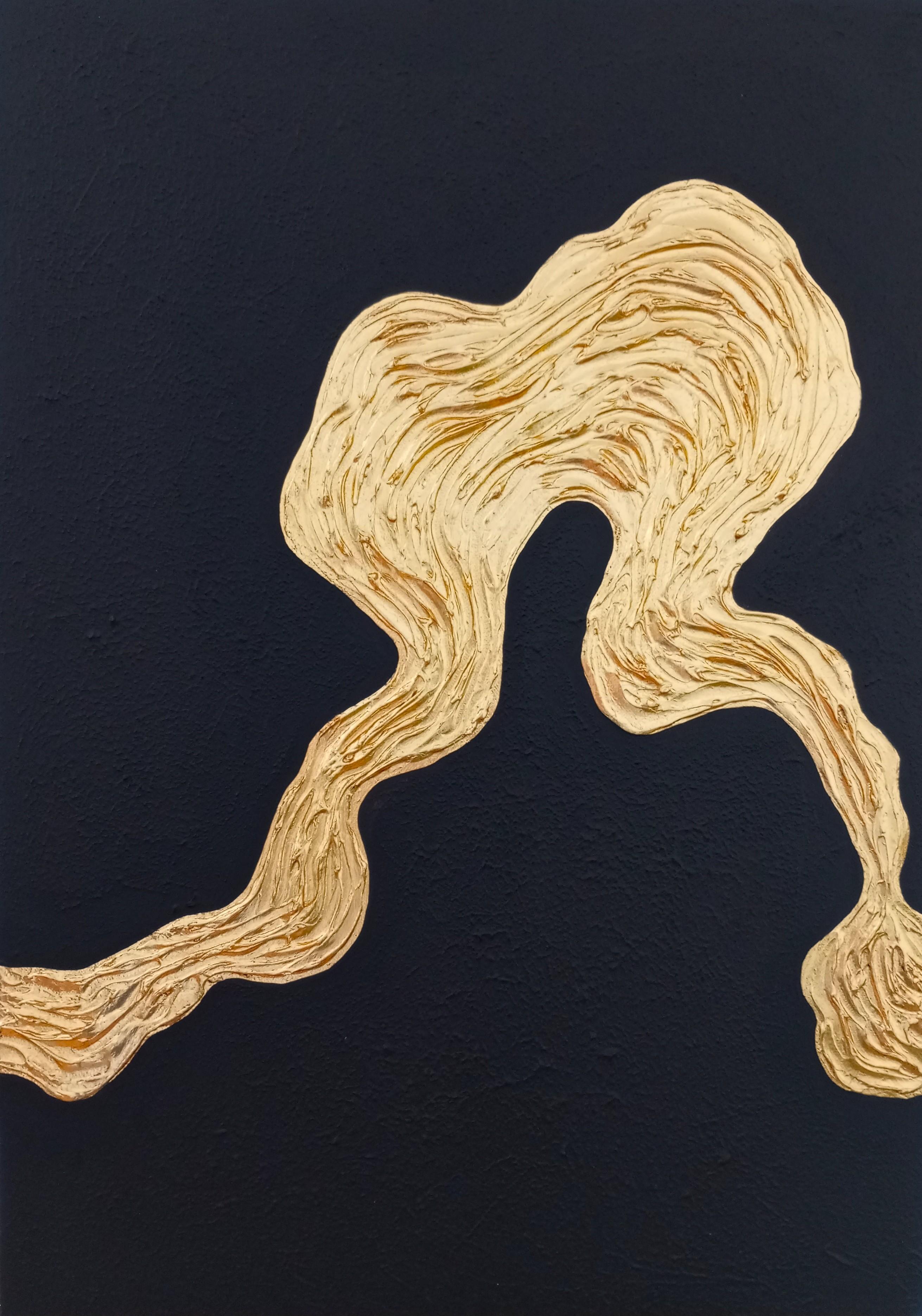 Nataliia Krykun Interior Painting - Series "Ocean Waves - 8" gold leaf black abstraction in 3D, textured, minimalism