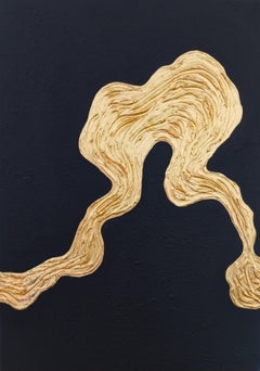 Serie "Olas del Océano - 5" abstracción en pan de oro negro en 3D, textura, minimalismo