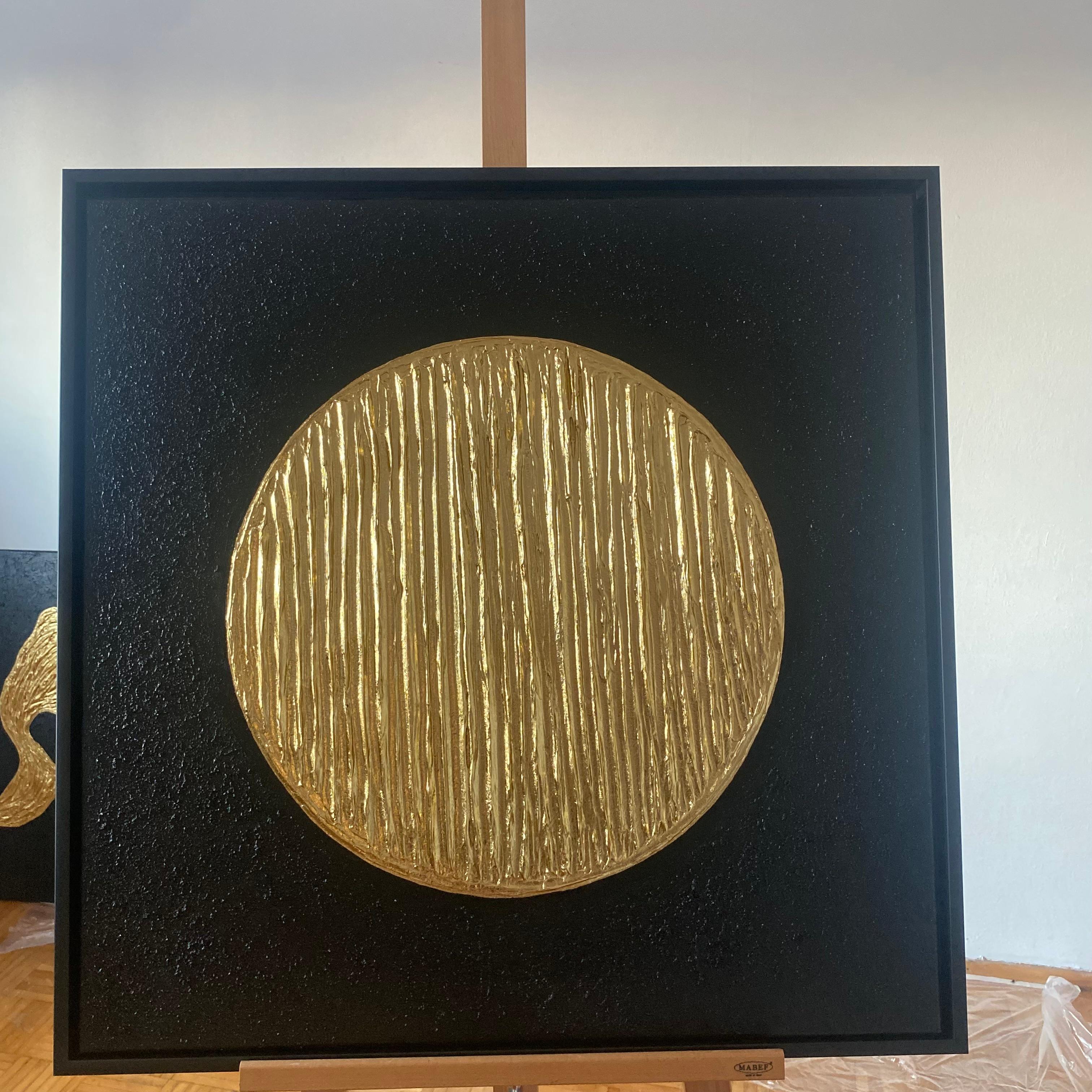I poured my passion into crafting this bold, geometric circle, gilded with shimmering gold leaf to capture light and elevate spirit. The textured surface pulses with quiet energy against the rich black backdrop, inviting calm and focus. This