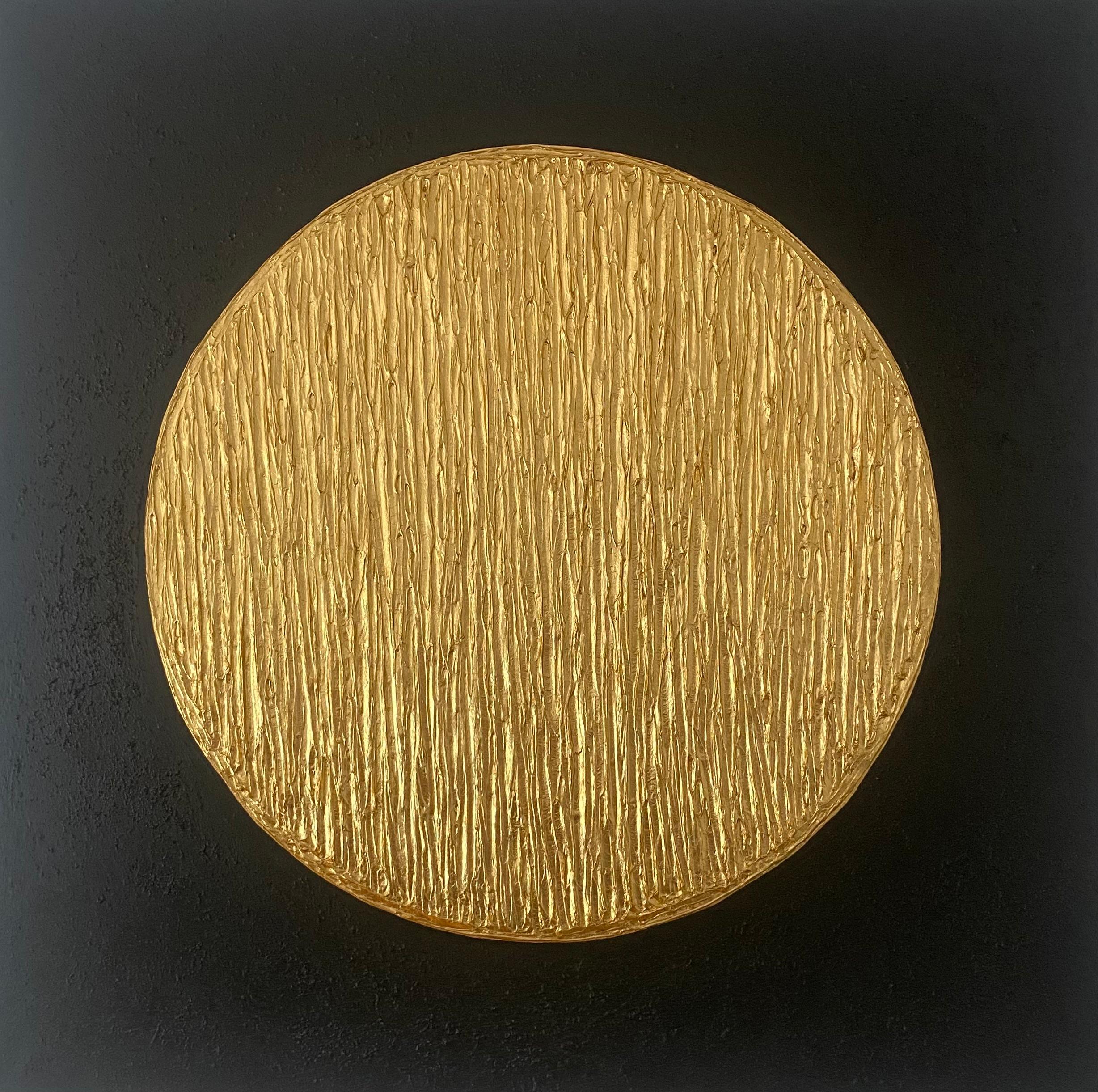 Series "Powerful Moon 4” - gold leaf black abstract in 3D, textured, minimalism