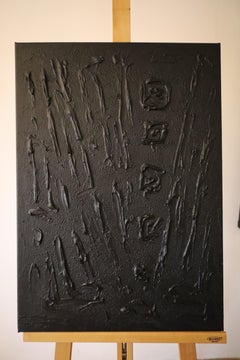 Une touche de sérénité - Peinture abstraite noire représentant une sculpture texturée