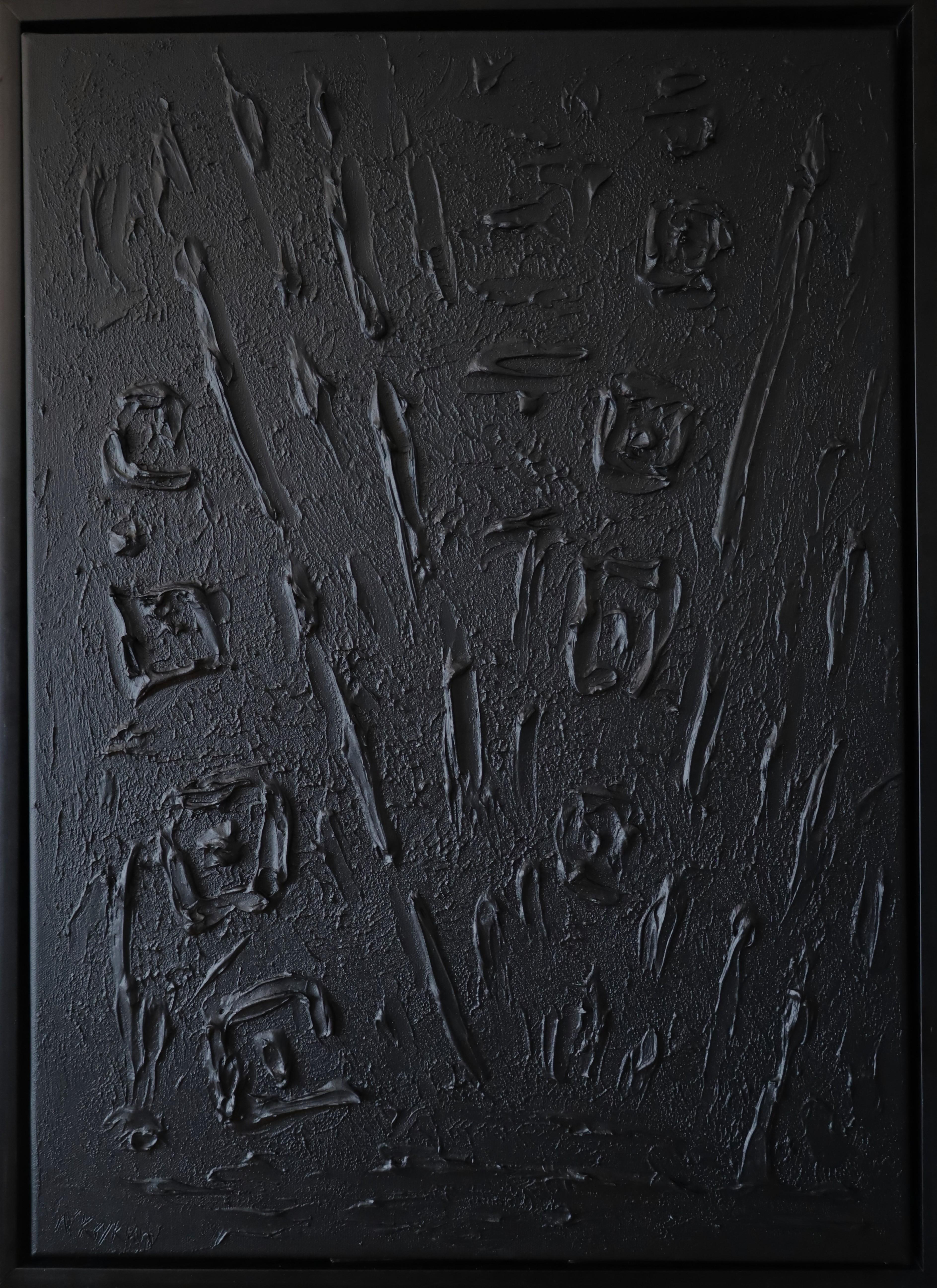 Nataliia Krykun Abstract Painting – Serie "Touch of Tranqullity - 2" schwarze Abstraktion in 3D, strukturiert, Minimalismus