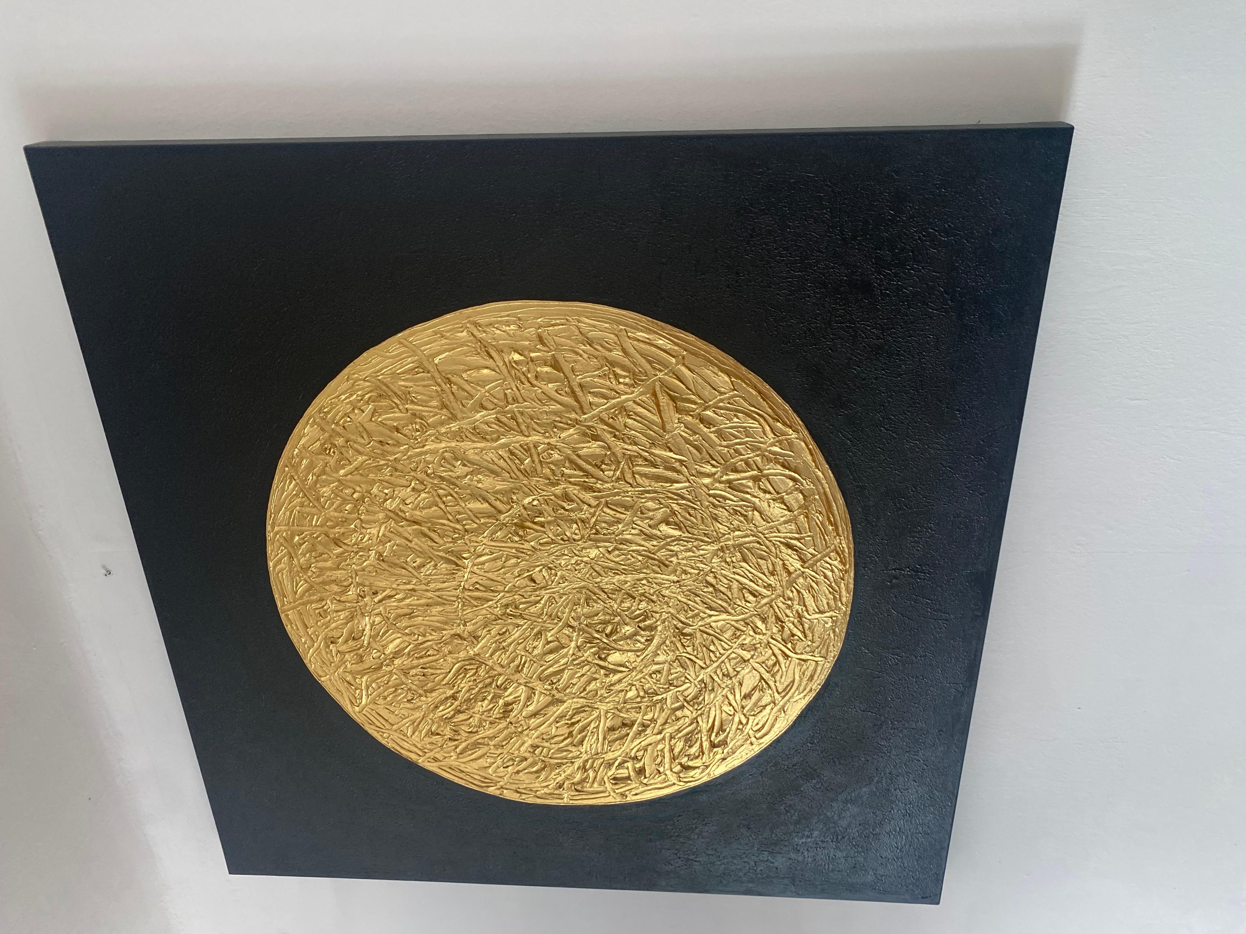I poured my passion into crafting this bold, geometric circle, gilded with shimmering gold leaf to capture light and elevate spirit. The textured surface pulses with quiet energy against the rich black backdrop, inviting calm and focus. This