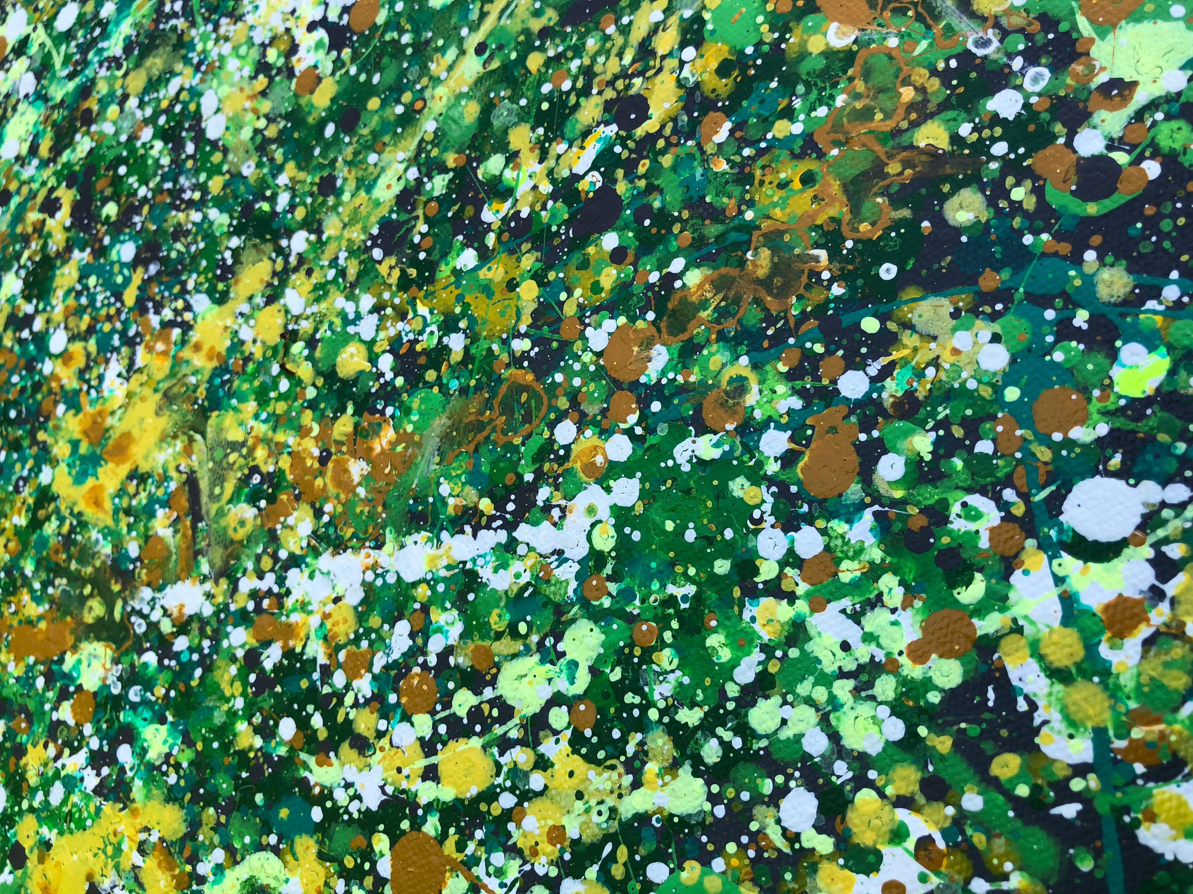 Primavera in Ucraina - verde, nero, bianco, giallo grande astrazione, gocce - Painting Astratto di Nataliia Krykun