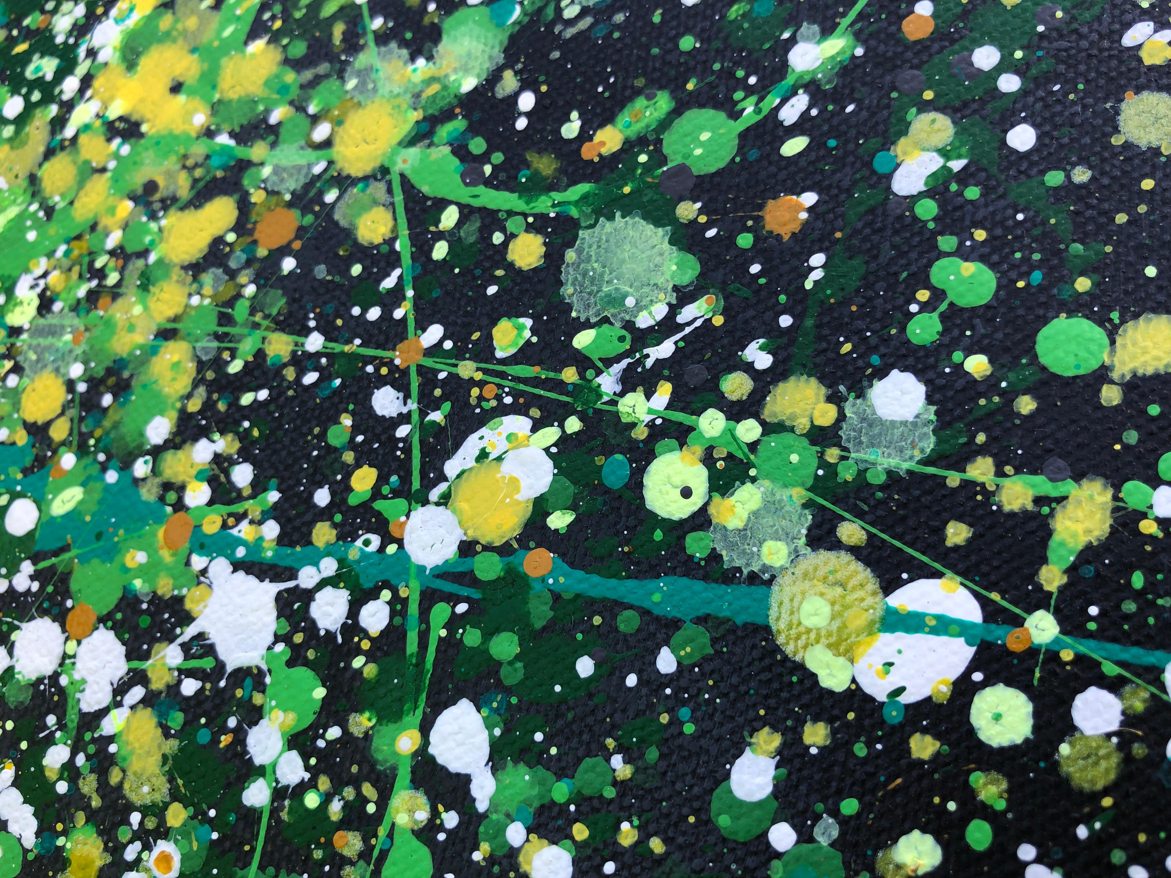 Primavera in Ucraina - verde, nero, bianco, giallo grande astrazione, gocce - Abstract Painting Nero di Nataliia Krykun