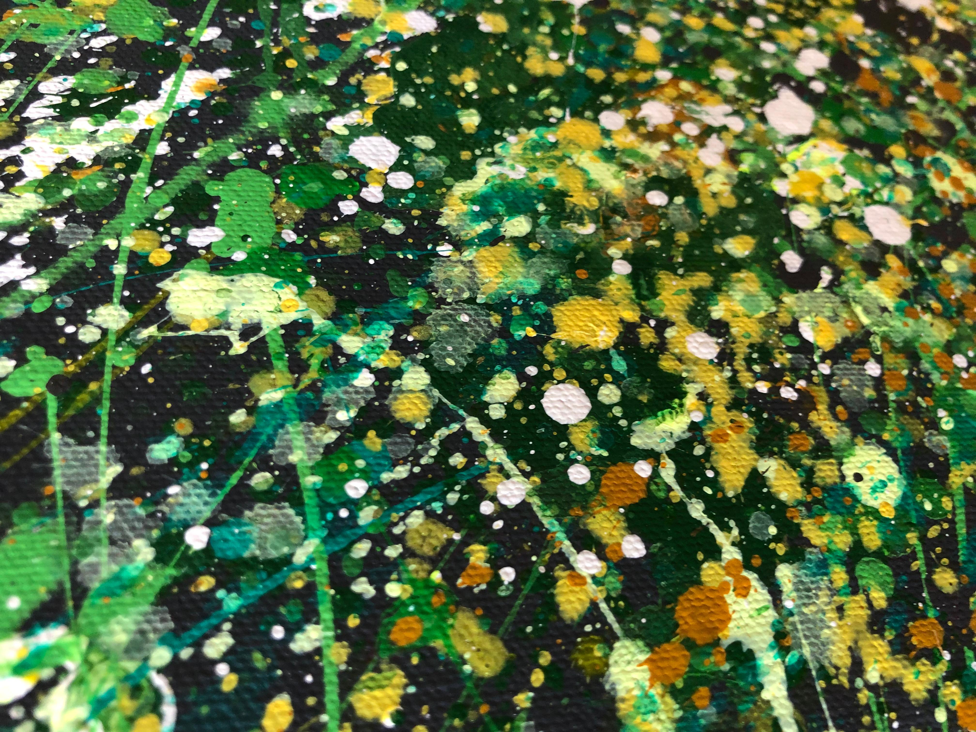 Primavera in Ucraina - verde, nero, bianco, giallo grande astrazione, gocce in vendita 1