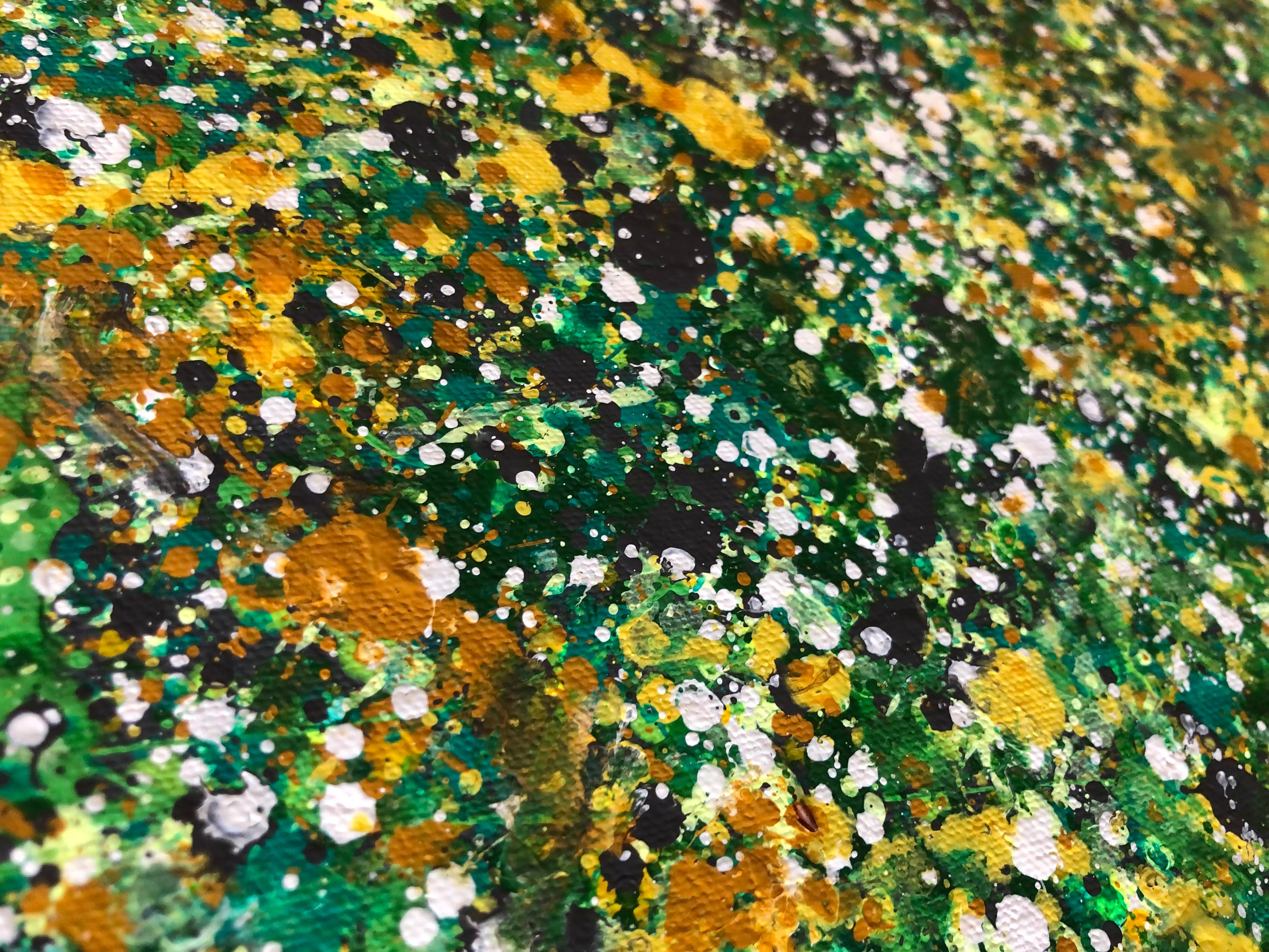 Primavera in Ucraina - verde, nero, bianco, giallo grande astrazione, gocce in vendita 2