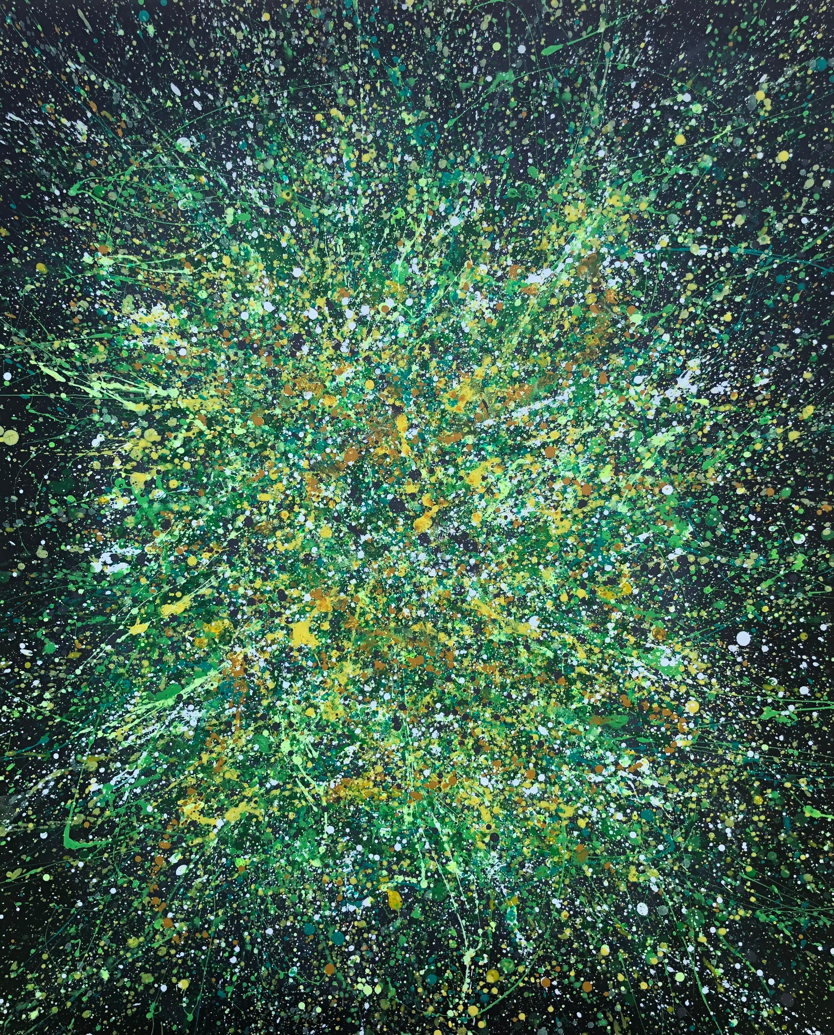 Abstract Painting di Nataliia Krykun - Primavera in Ucraina - verde, nero, bianco, giallo grande astrazione, gocce