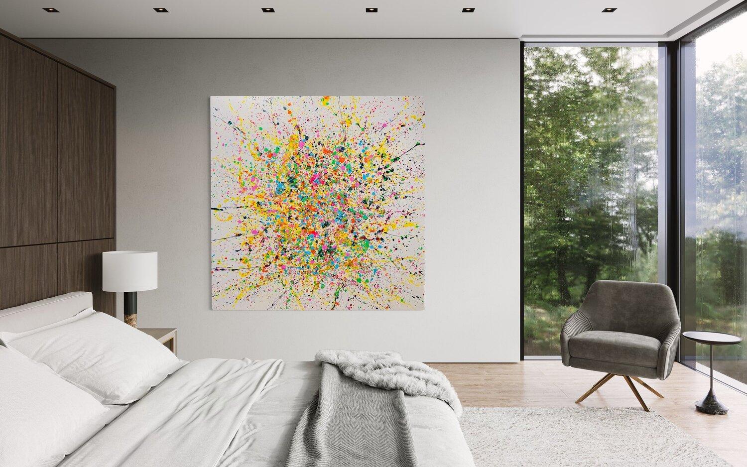 Quadro astratto con colore principale bianco ed elementi in giallo, rosa, blu, verde e rosso.
Questo quadro astratto è vivace ed espressivo.
Il minimalismo astratto abbinato