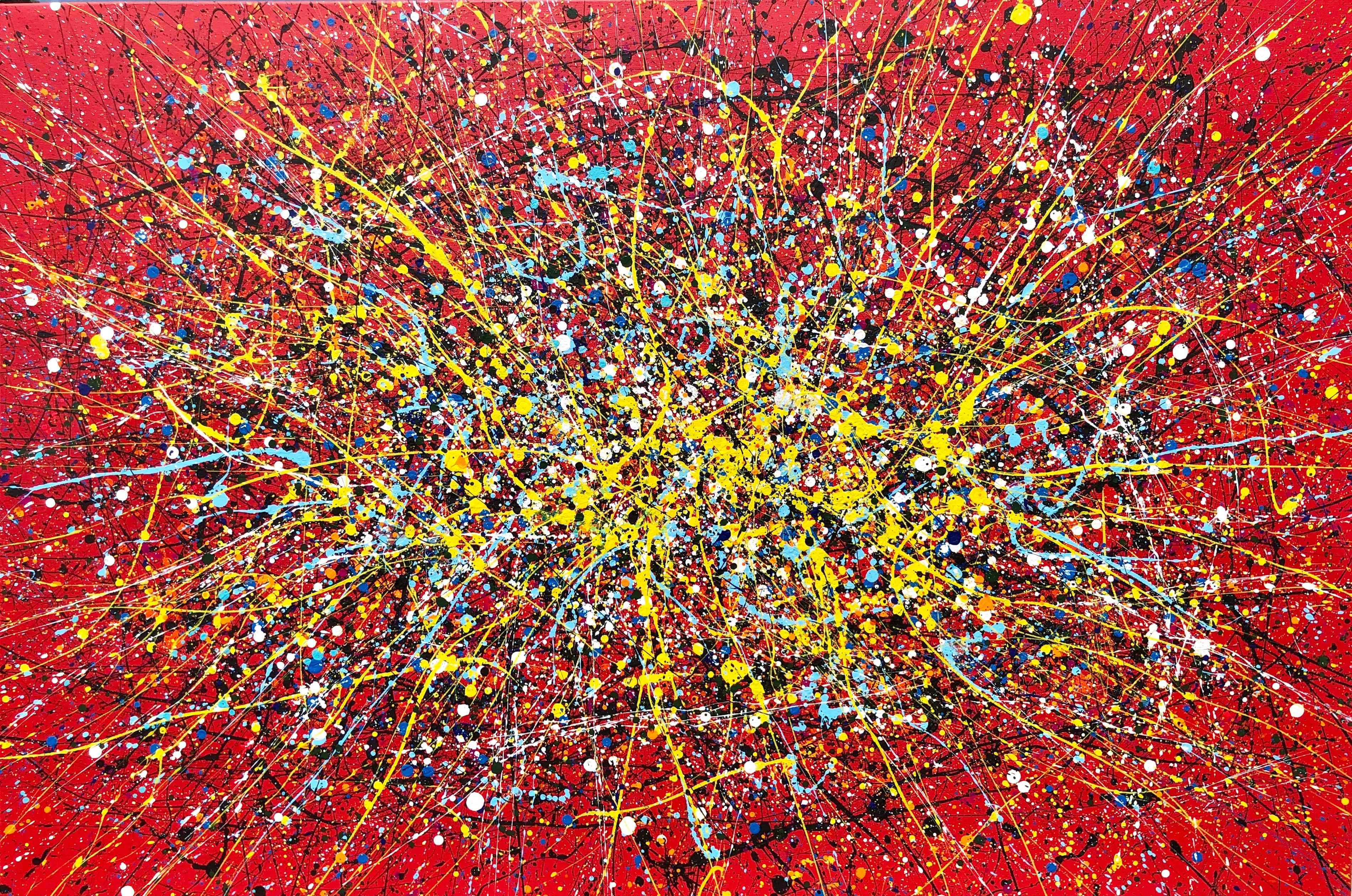 Abstract Painting di Nataliia Krykun - Serie "Volo infinito" amore, rosso, bianco, giallo grande astrazione, gocce