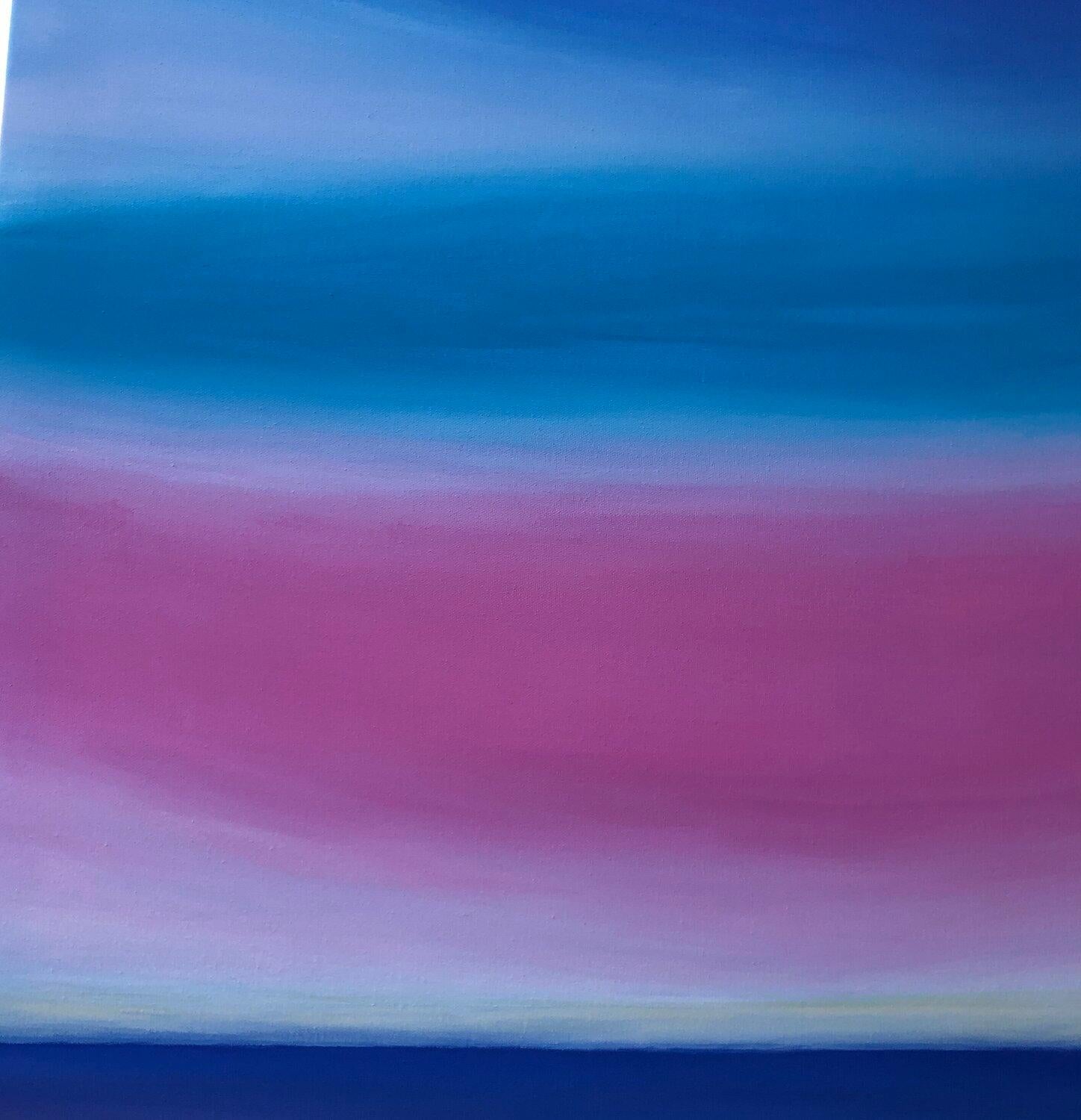 Ho creato quest'opera per evocare la vastità e la serenità del mare, unendo acrilico e olio per ottenere profonde e risonanti tonalità di blu. I miei tratti fondono elementi astratti e impressionistici, manifestando una tranquillità minimalista, pur