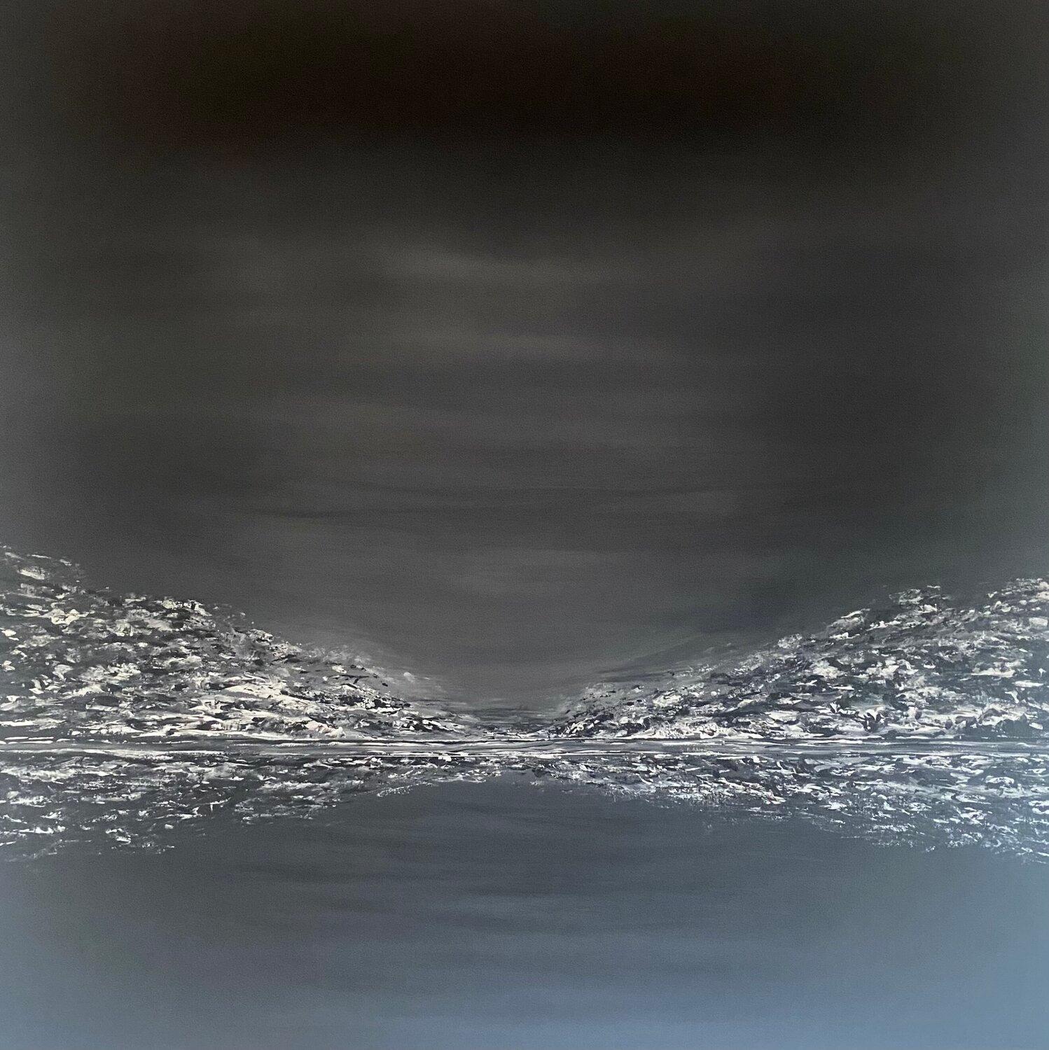 „Sunset on the lake“ 2562023, abstract minimalist landscape, mountain