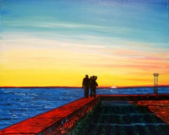 "Sunset on the sea - only together", paysage marin figuratif, personnes, amour, nuit