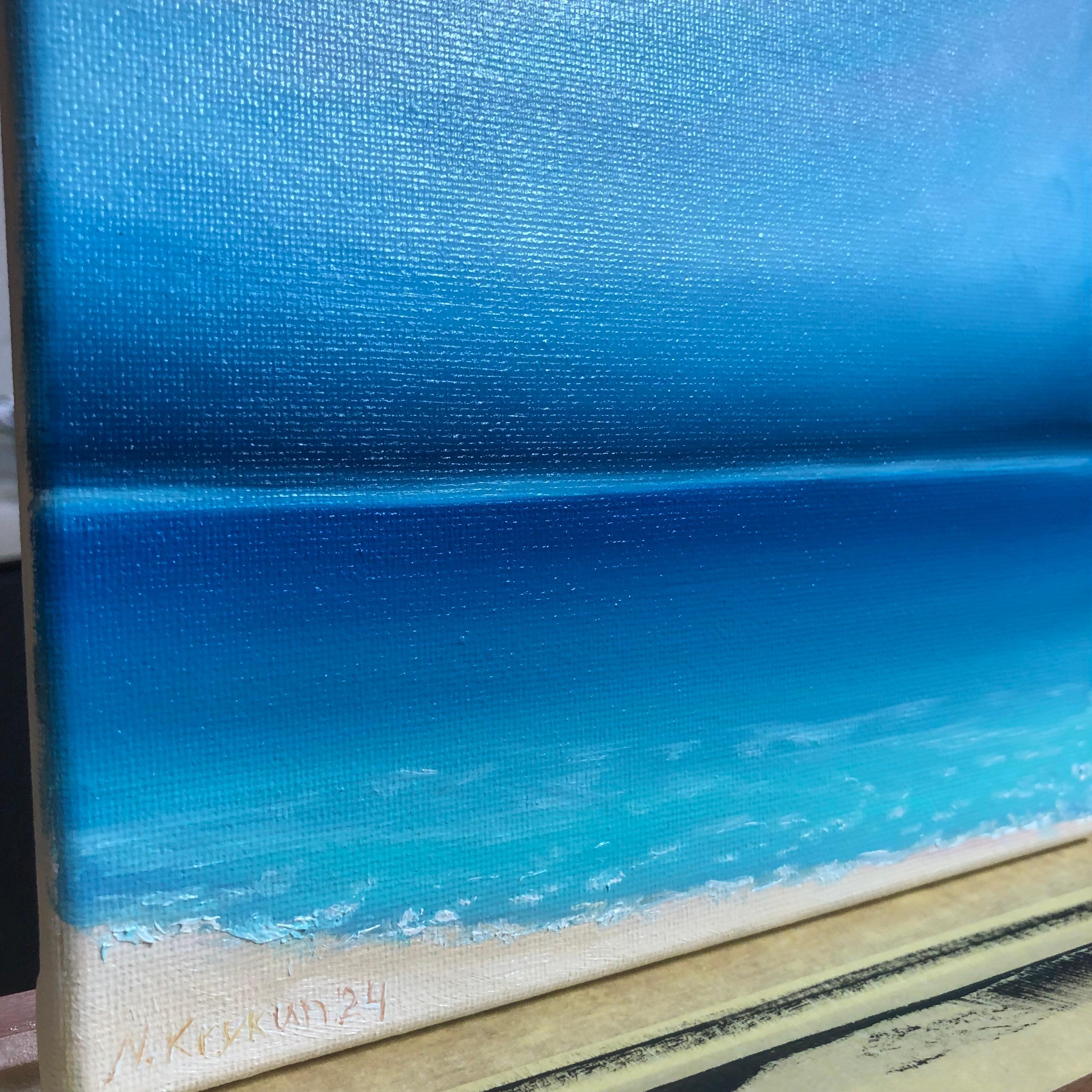 Oceano turchese, onde, orizzonte, acqua, paesaggio marino - Landscape Painting Blu di Nataliia Krykun