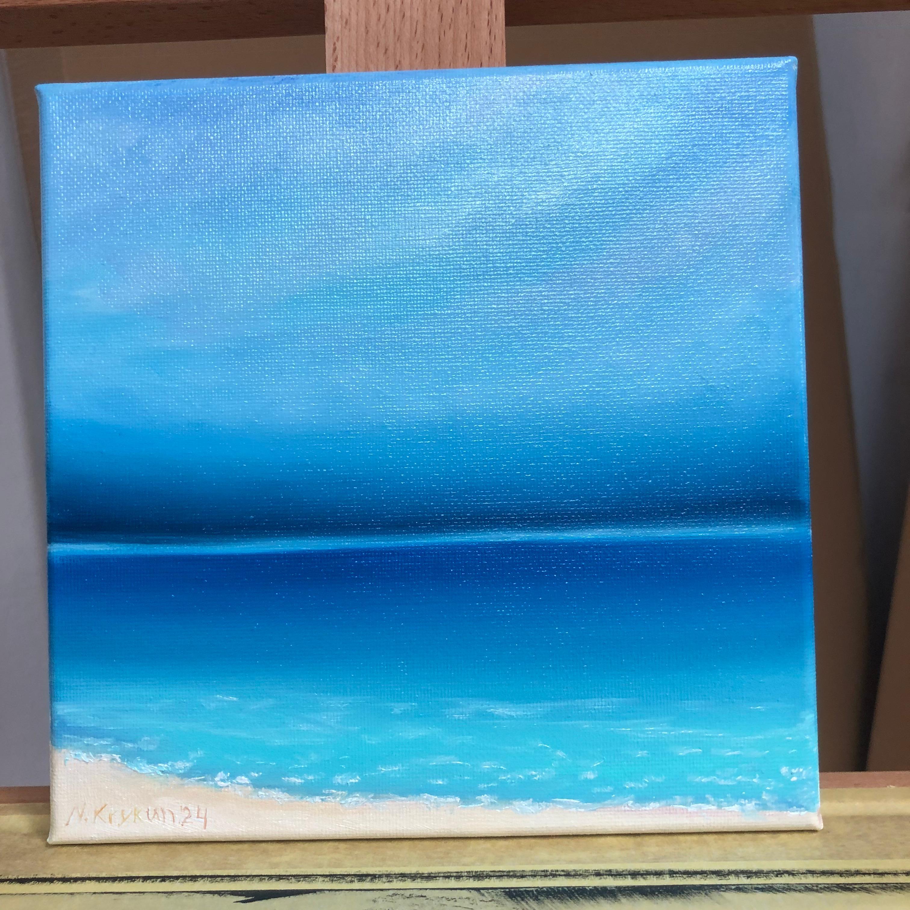 Questo pezzo è una sinfonia dell'anima dell'oceano, dove le tinte tranquille danzano con tratti sereni. Ho catturato la vasta bellezza del mare attraverso il gioco di acrilico, olio e smalto, sfumando i confini tra impressionismo e semi-astrazione.