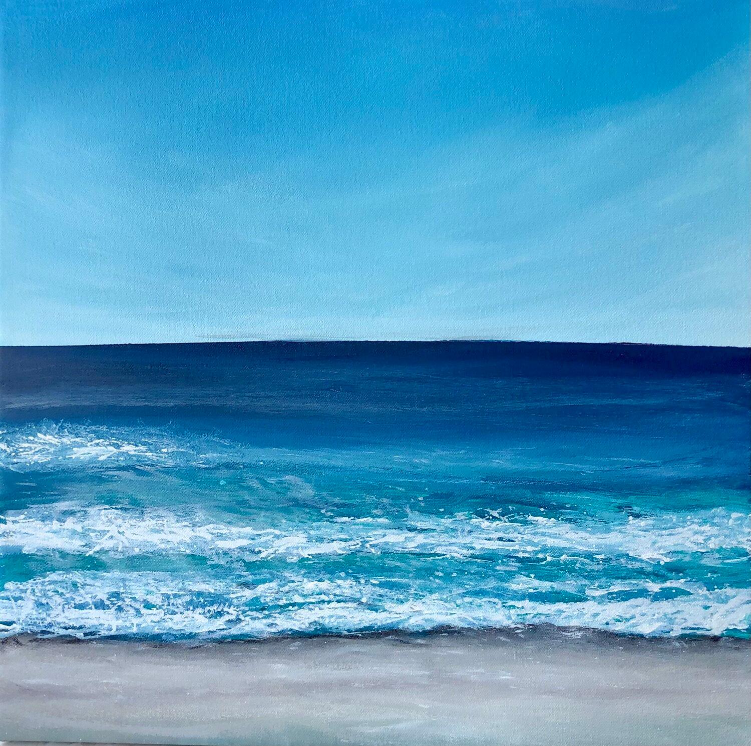Olas azul horizonte 2- Puesta de sol, horizonte, paisaje marino, océano olas turquesa - Landscape Painting Azul de Nataliia Krykun
