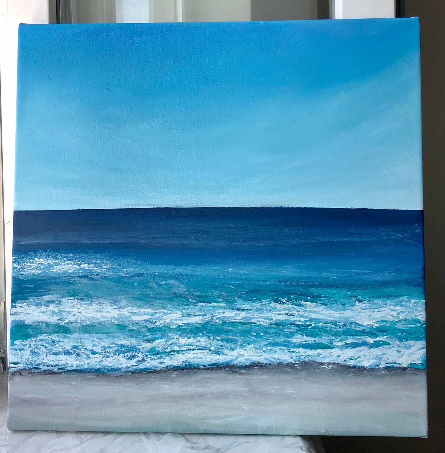 La obra de arte que tienes ante ti presenta un impresionante paisaje marino abstracto, una delicia visual que llama la atención por su sencillez y su profunda profundidad. El lienzo está dominado por una exquisita paleta de azules, que se mezclan a
