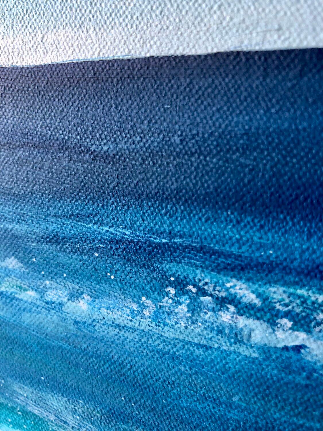Onde blu all'orizzonte - Tramonto, skyline, paesaggio marino, onde turchesi dell'oceano - Painting Impressionismo di Nataliia Krykun