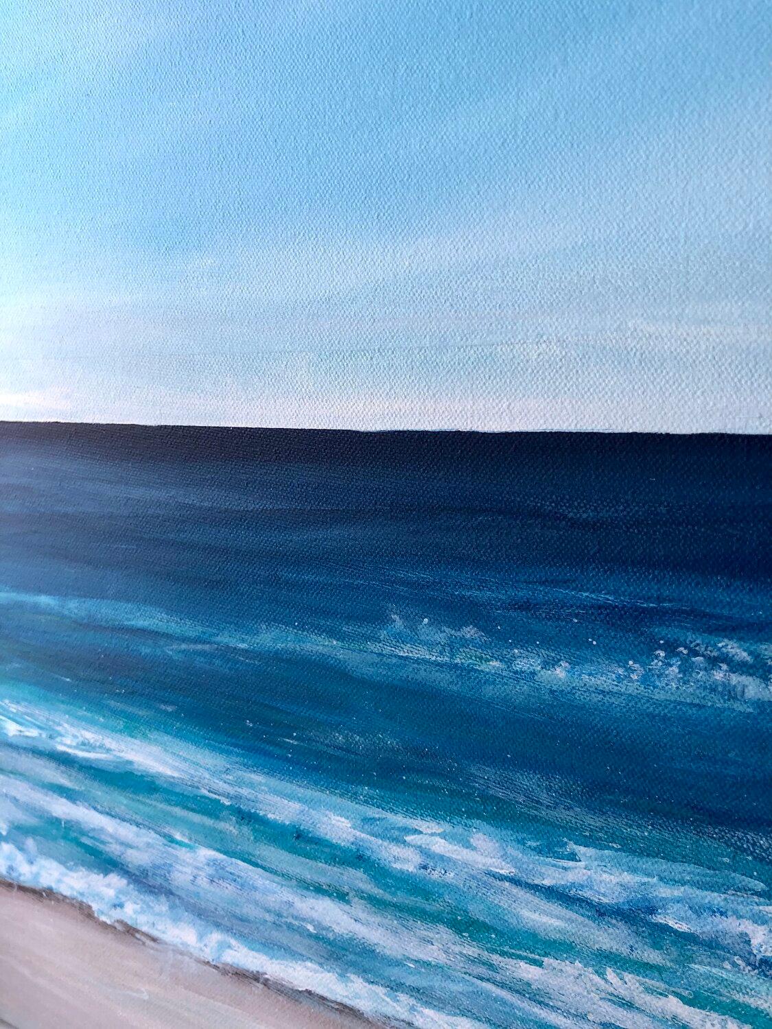Onde blu all'orizzonte - Tramonto, skyline, paesaggio marino, onde turchesi dell'oceano - Landscape Painting Blu di Nataliia Krykun