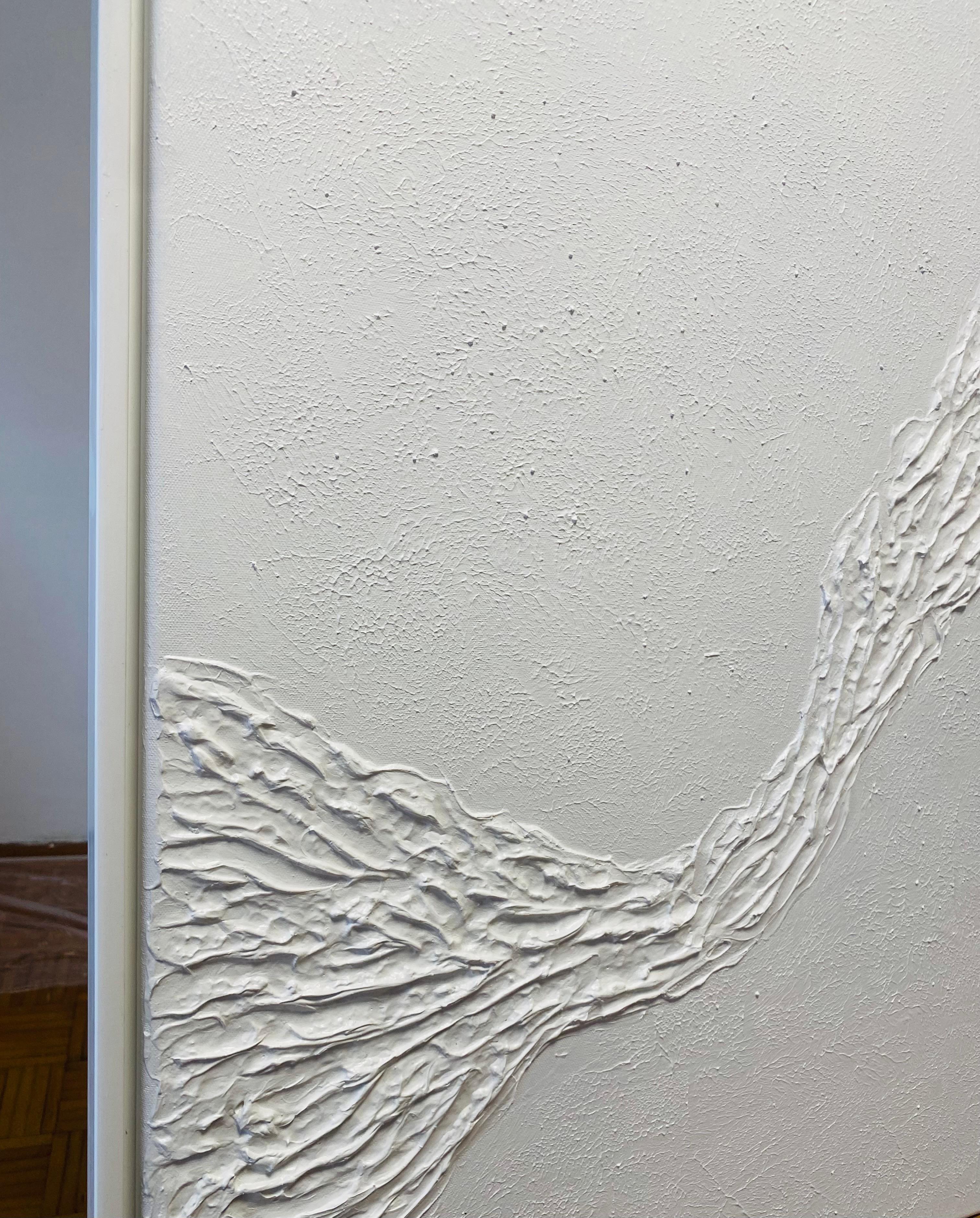 This artwork is a compelling exploration of texture and simplicity, presenting a predominantly white canvas subtly infused with layered textures. The artist achieves depth through the meticulous use of raised, vertical lines, which add dynamic