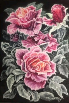 Rosas rosas en la escarcha, naturaleza muerta, óleo sobre lienzo, 2022