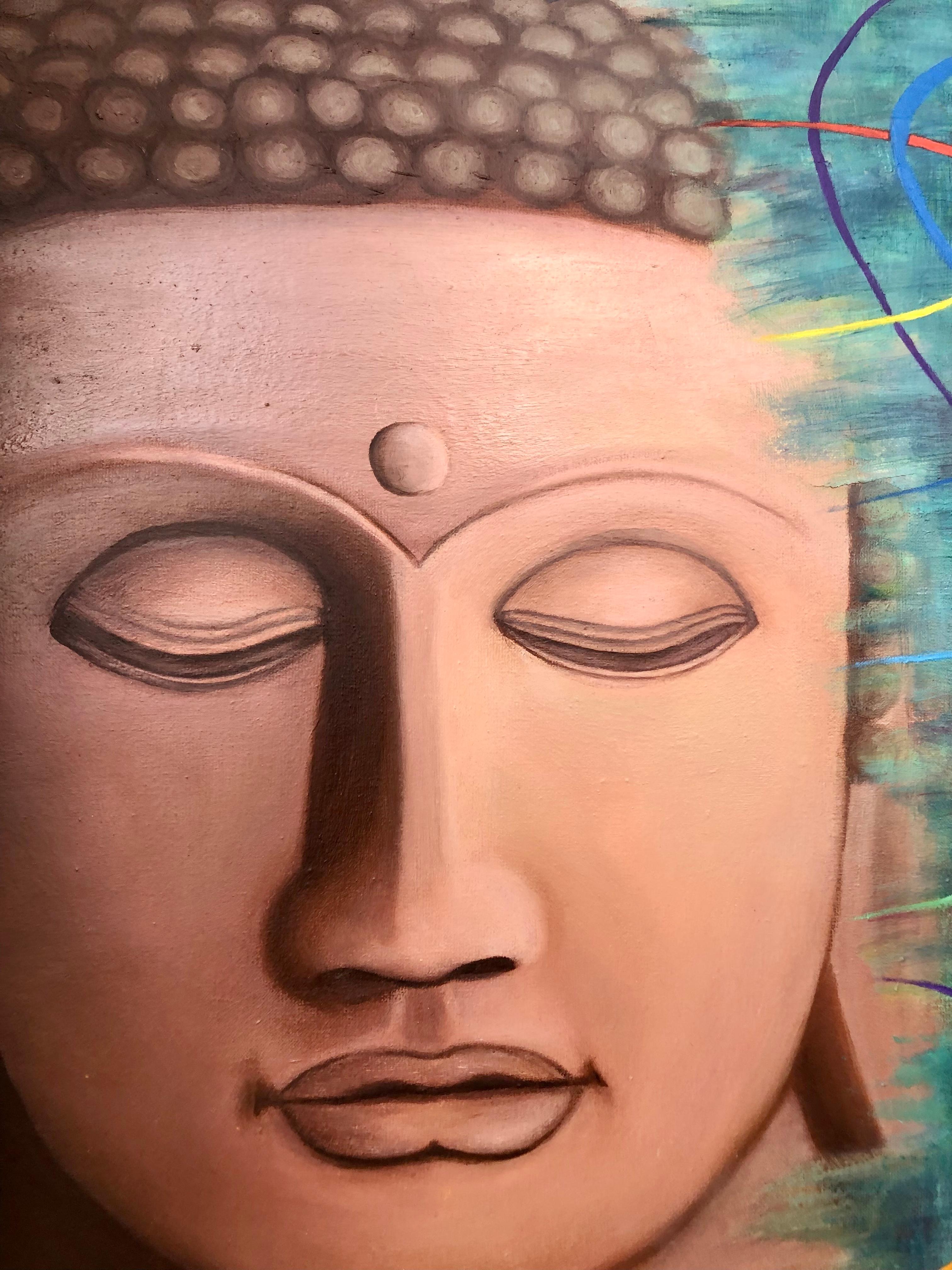 The main thing in life is to save your own inner peace, on the left Buddha - he is calm and peaceful, on the right is our everyday’s life with all troubles and obstacles, and no matter what happens Buddha remains calm. The colourful lines respond