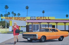 Americano with Milk, Acrylic on Canvas, Vintage Roadside Scene, 65x100 cm
