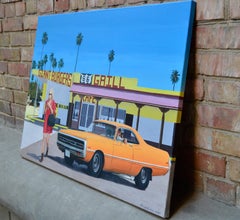 Americano with Milk, Acrylic on Canvas, Vintage Roadside Scene, 65x100 cm