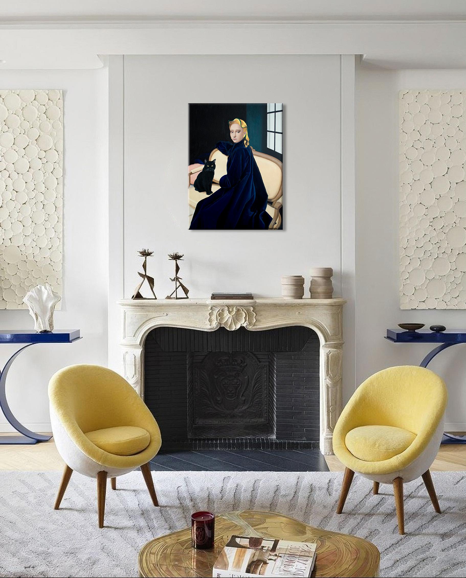 Chat noir sur un canapé jaune - Réalisme Painting par Nataliya Bagatskaya