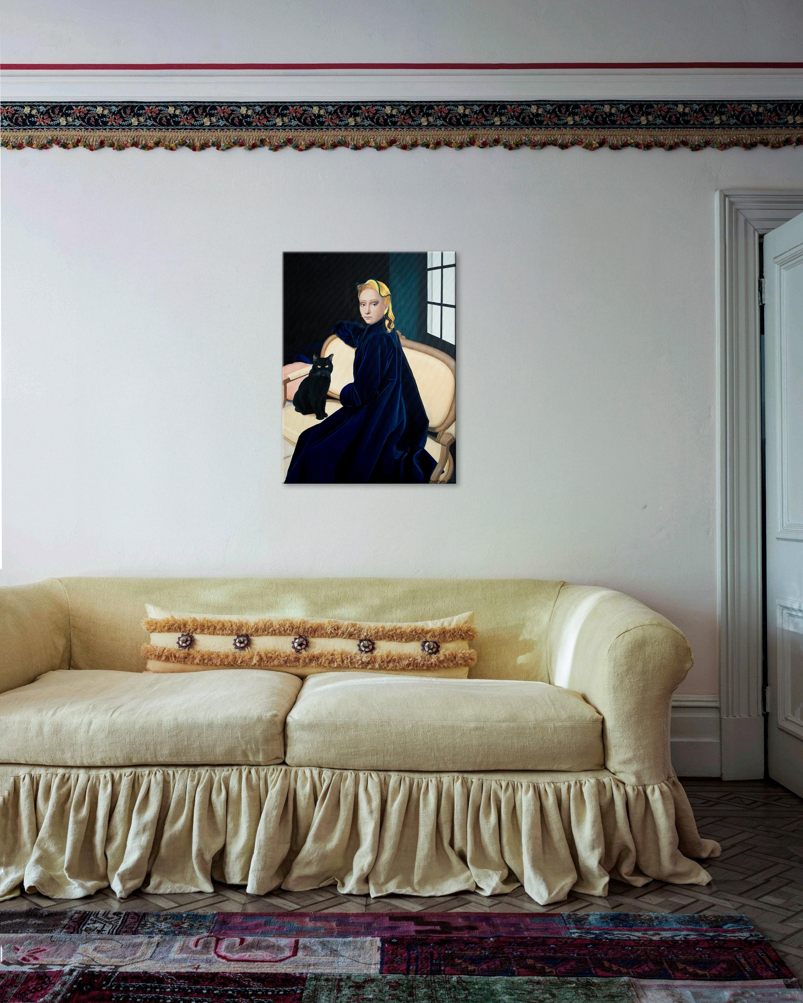 Chat noir sur un canapé jaune - Noir Portrait Painting par Nataliya Bagatskaya