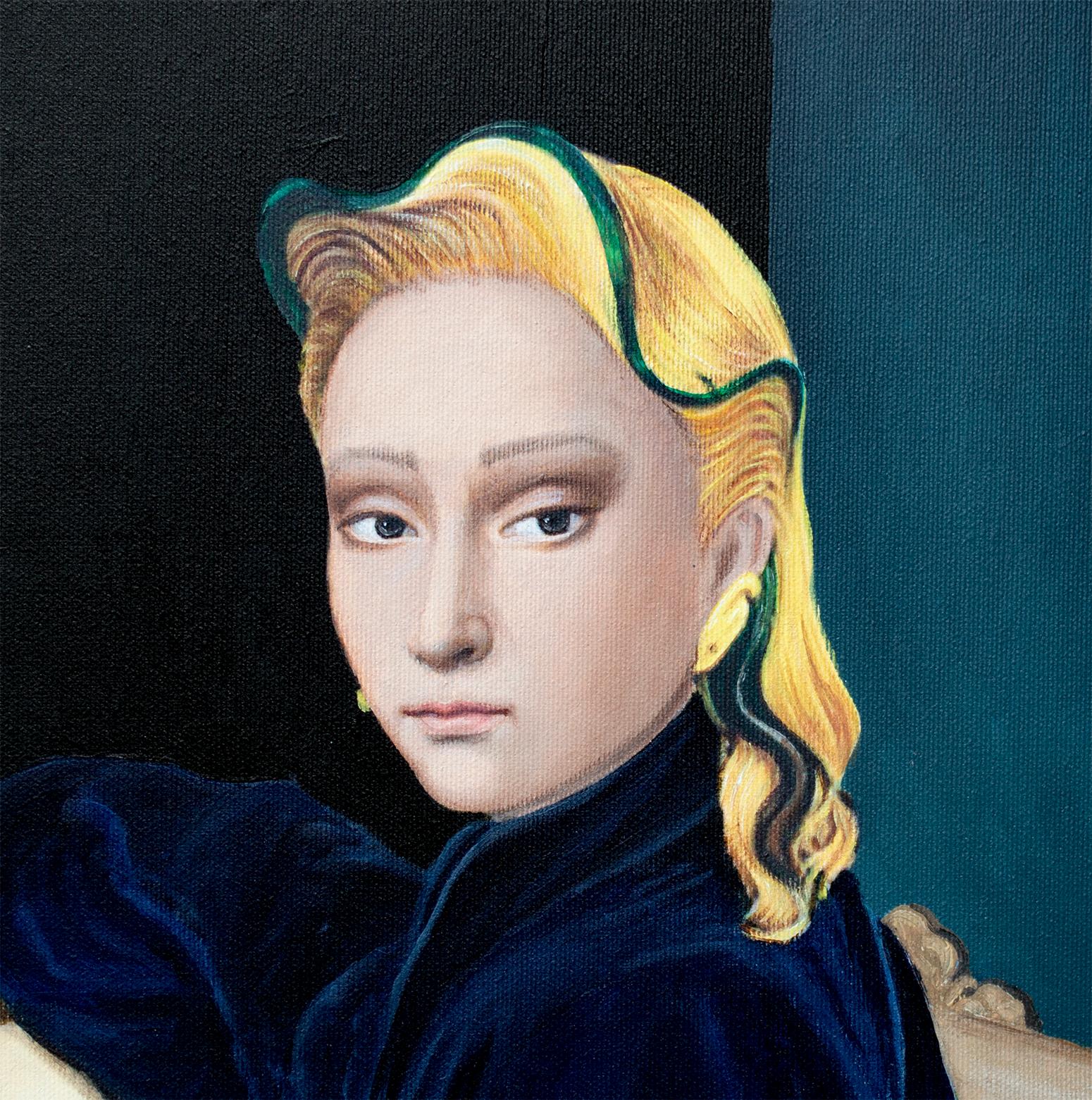 Cette œuvre représente un moment suspendu dans le temps - une femme enveloppée d'un indigo profond, rayonnant d'intelligence calme et de possession de soi. Son regard invite le spectateur à pénétrer dans un monde privé d'émotions tranquilles, tandis
