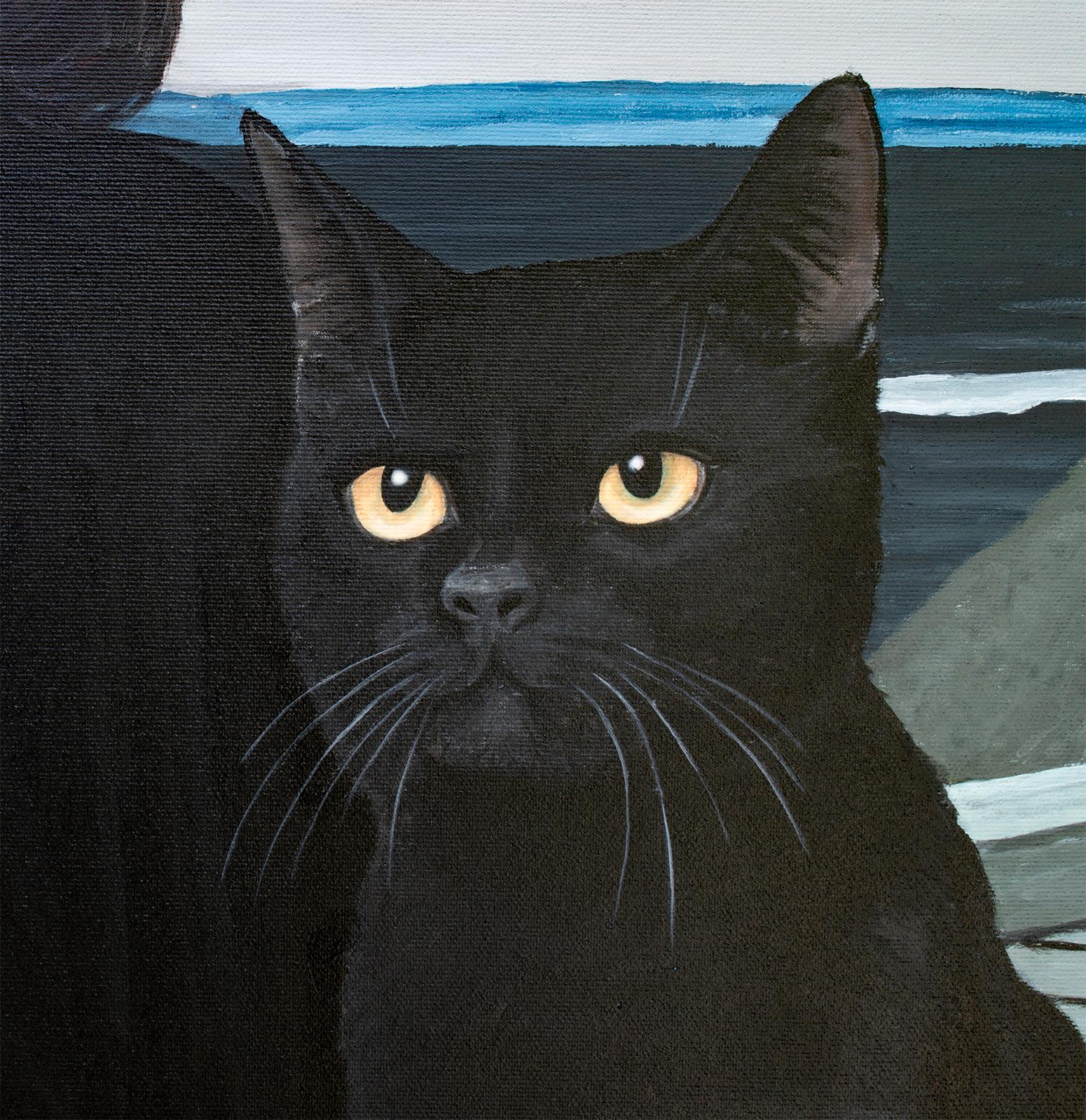 
  Ein Mädchen in Schwarz mit leuchtend roten Strumpfhosen sitzt neben einer monumentalen schwarzen Katze, der Hintergrund ist ein kaltes, kräuselndes Meer. Die gedämpfte Farbpalette aus Schwarz, Rot und Marinetönen schafft Harmonie und deutet