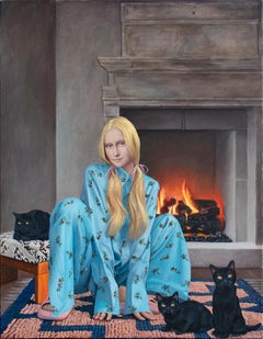 By the Fireplace Acrylic Painting, Figurative, Signed, 90x70 cm