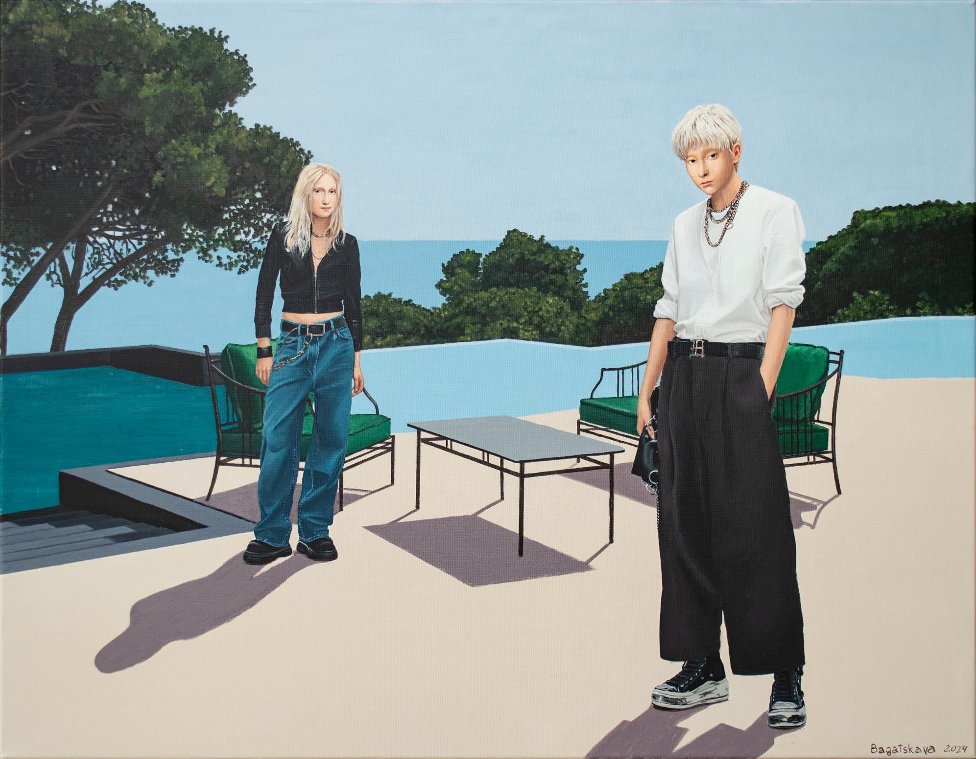 Figurative Painting de Nataliya Bagatskaya - Retrato contemporáneo "Una terraza con vistas al mar"