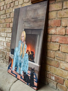 By the Fireplace Acrylic Painting, Figurative, Signed, 90x70 cm