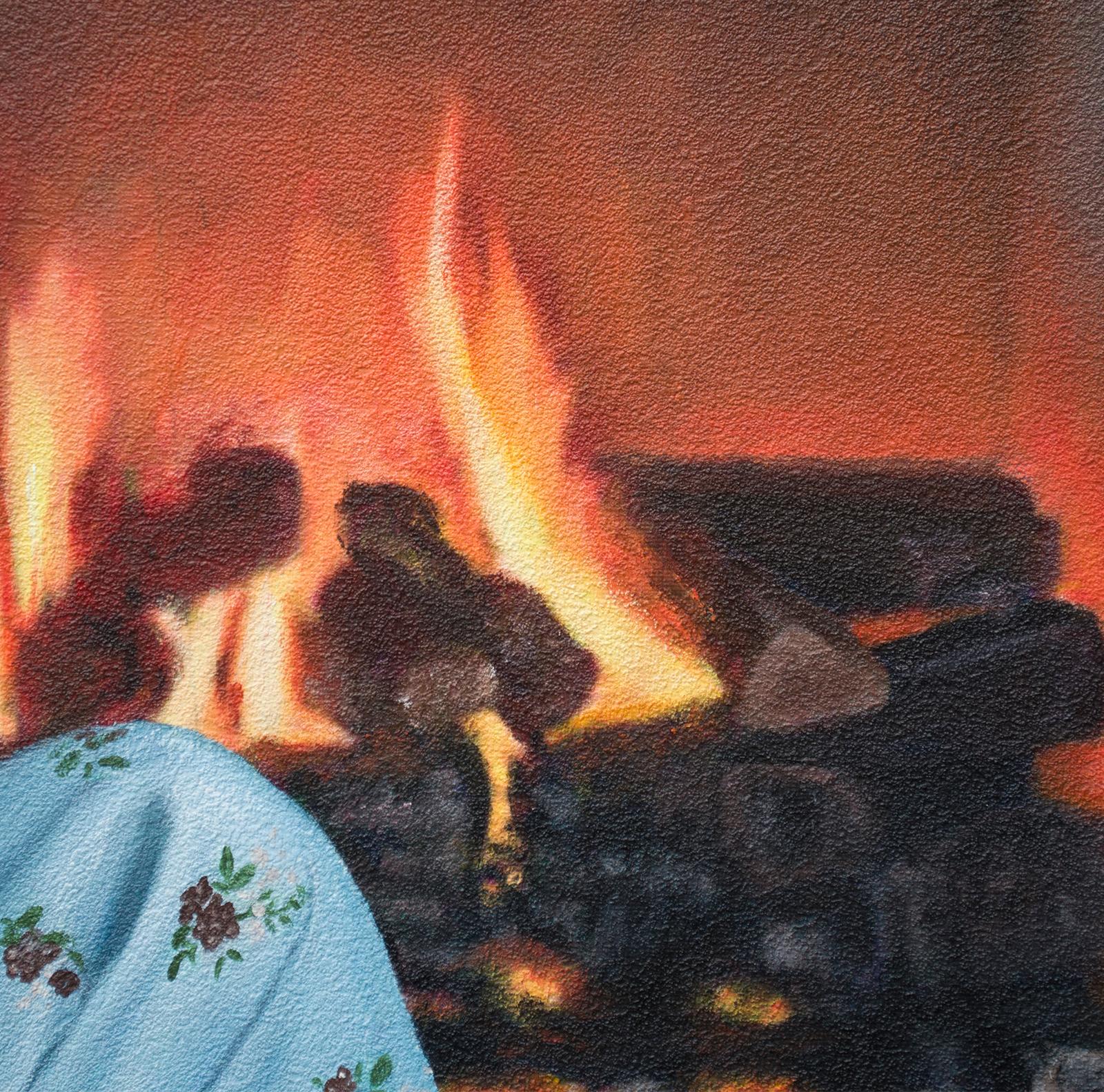 It’s good to sit somewhere near the fireplace). I've poured emotions onto the canvas using acrylic in this intimate scene. The warmth of the hearth parallels the aliveness of the subject's gaze, while the feline companions echo a comforting